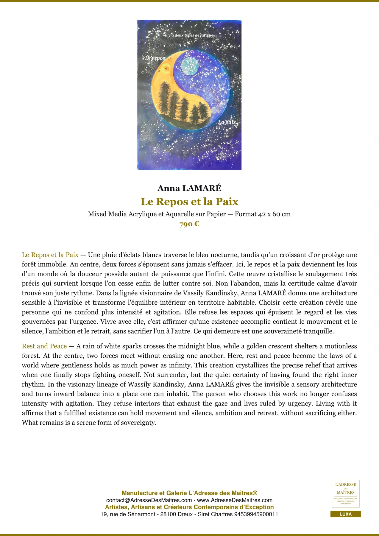 Fiche Premium - Le Repos et la Paix - Anna LAMARÉ - L'Adresse des Maîtres®