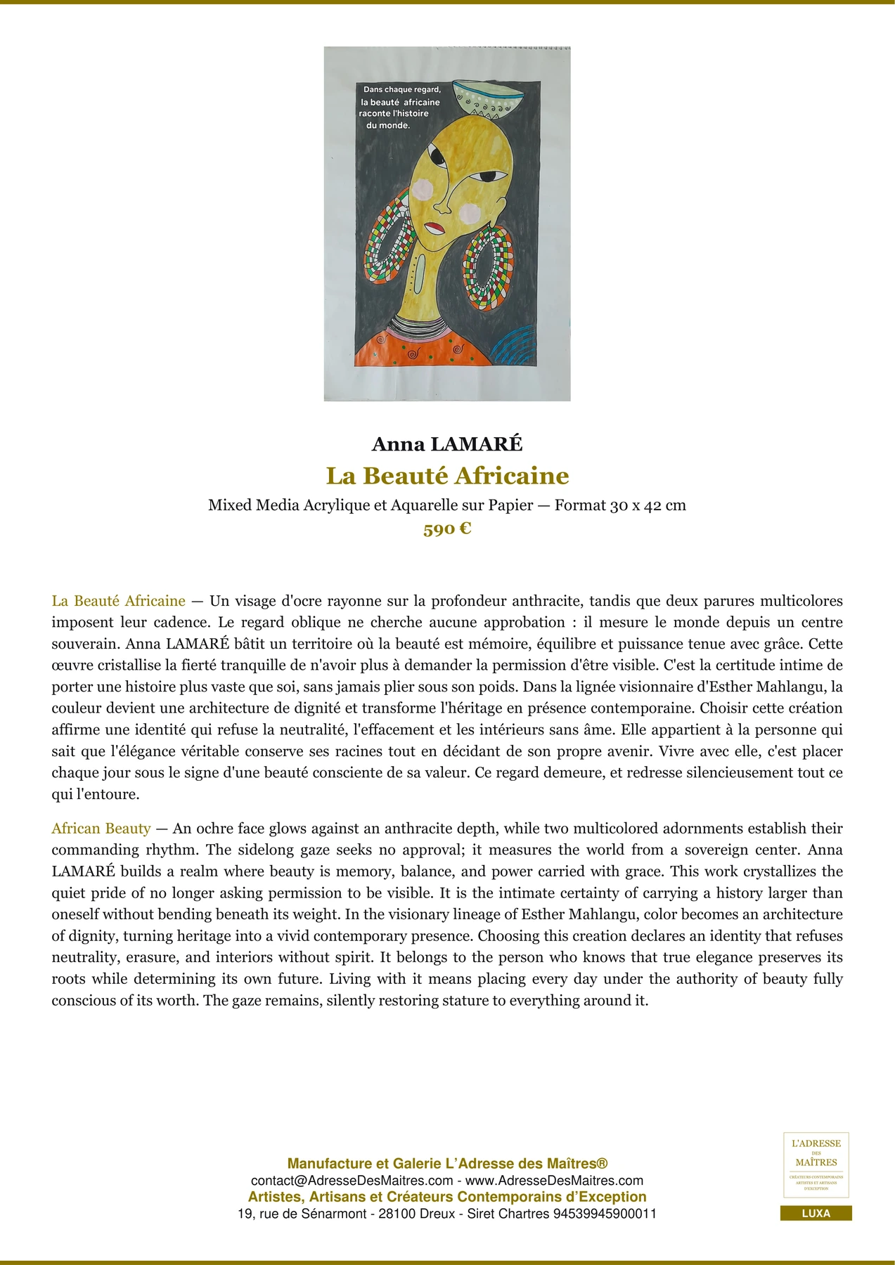 Fiche Premium - La Beauté Africaine - Anna LAMARÉ - L'Adresse des Maîtres®