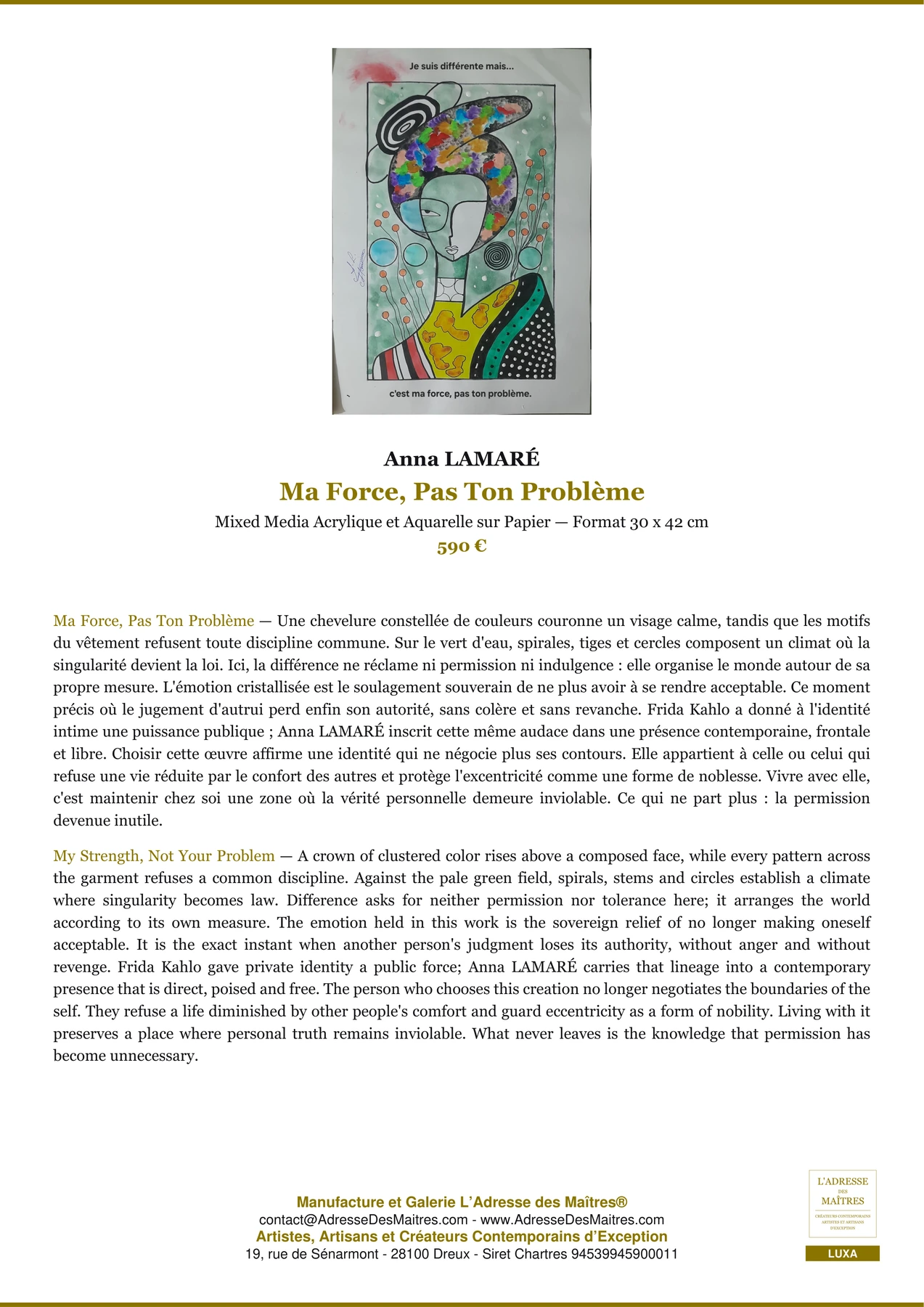 Fiche Premium - Ma Force, Pas Ton Problème - Anna LAMARÉ - L'Adresse des Maîtres®