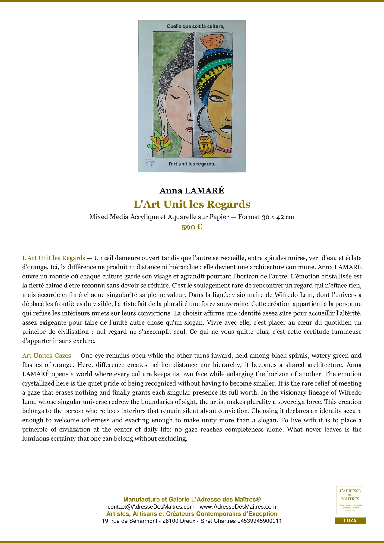 Fiche Premium - L'Art Unit les Regards - Anna LAMARÉ - L'Adresse des Maîtres®