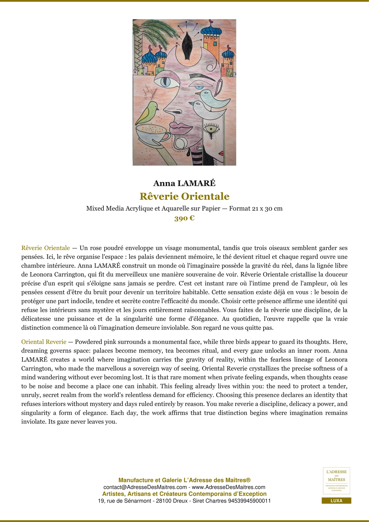 Fiche Premium - Rêverie Orientale - Anna LAMARÉ - L'Adresse des Maîtres®