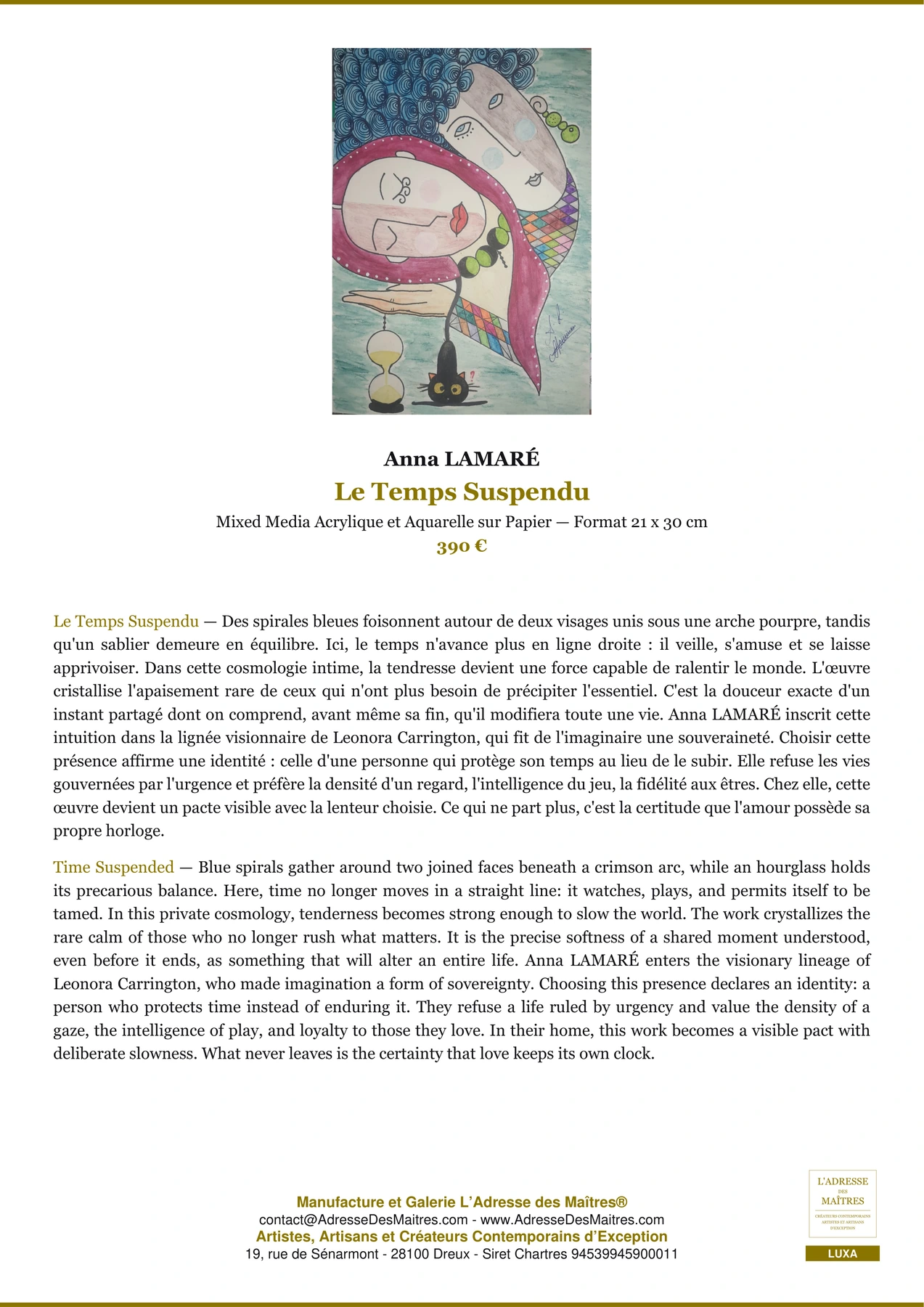 Fiche Premium - Le Temps Suspendu - Anna LAMARÉ - L'Adresse des Maîtres®