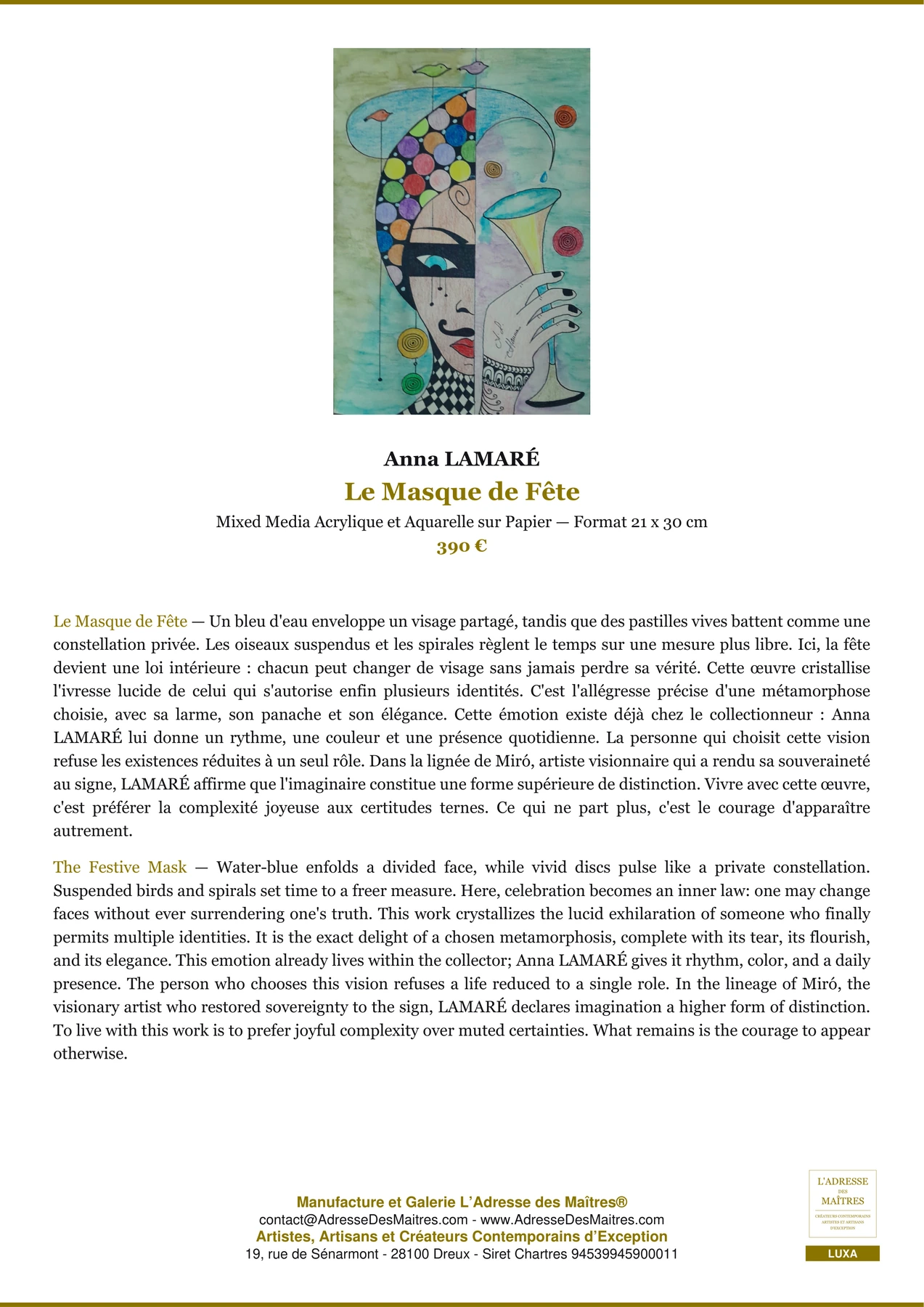 Fiche Premium - Le Masque de Fête - Anna LAMARÉ - L'Adresse des Maîtres®