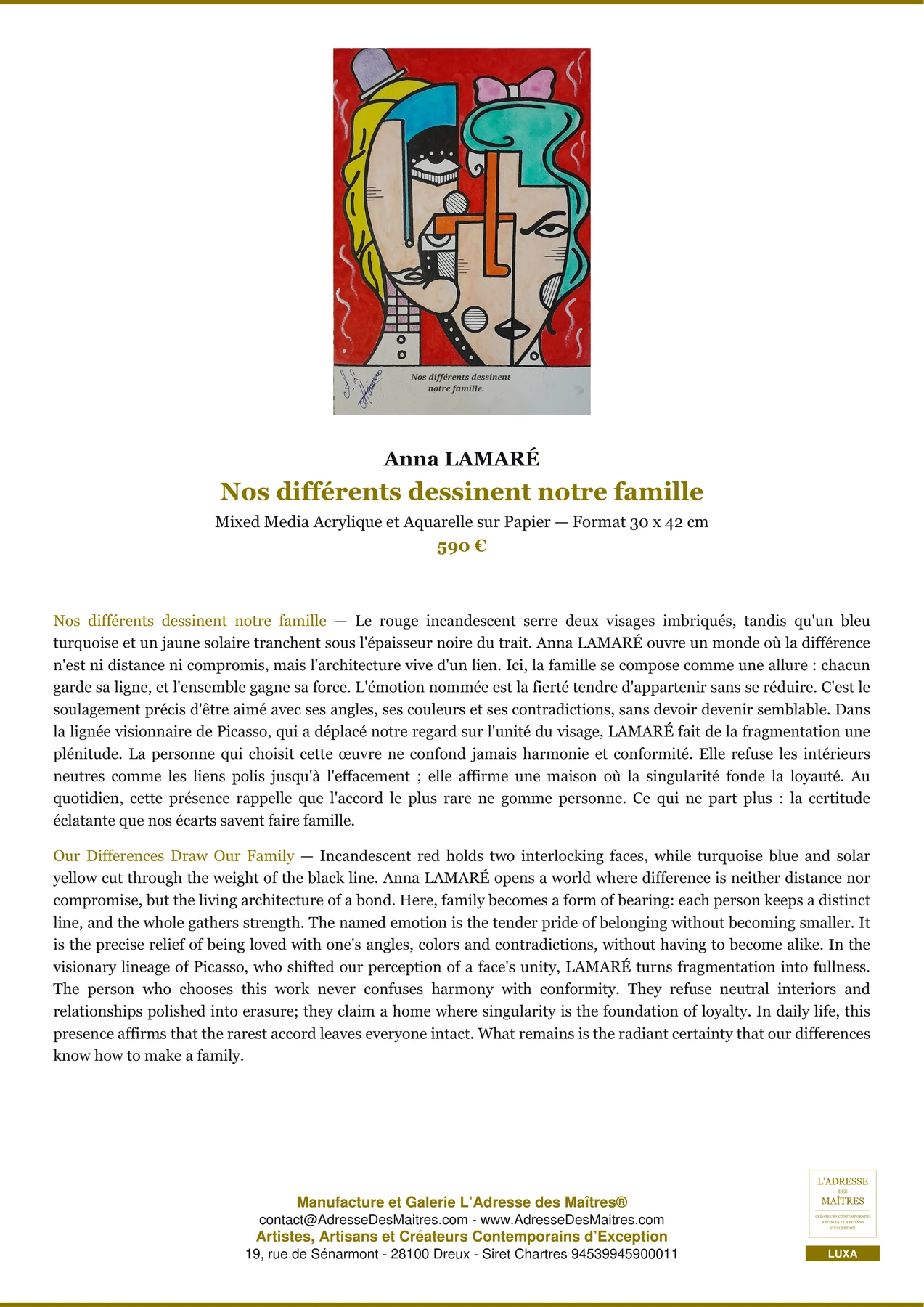 Fiche Premium - Nos différents dessinent notre famille - Anna LAMARÉ - L'Adresse des Maîtres®
