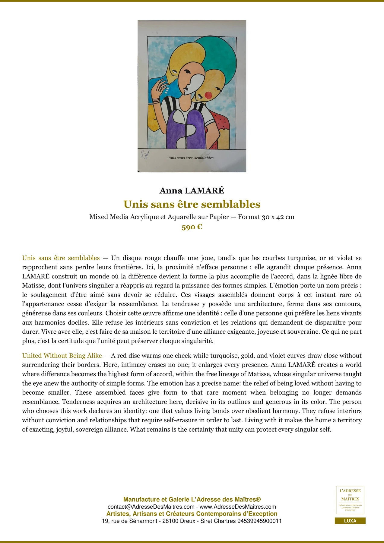 Fiche Premium - Unis sans être semblables - Anna LAMARÉ - L'Adresse des Maîtres®