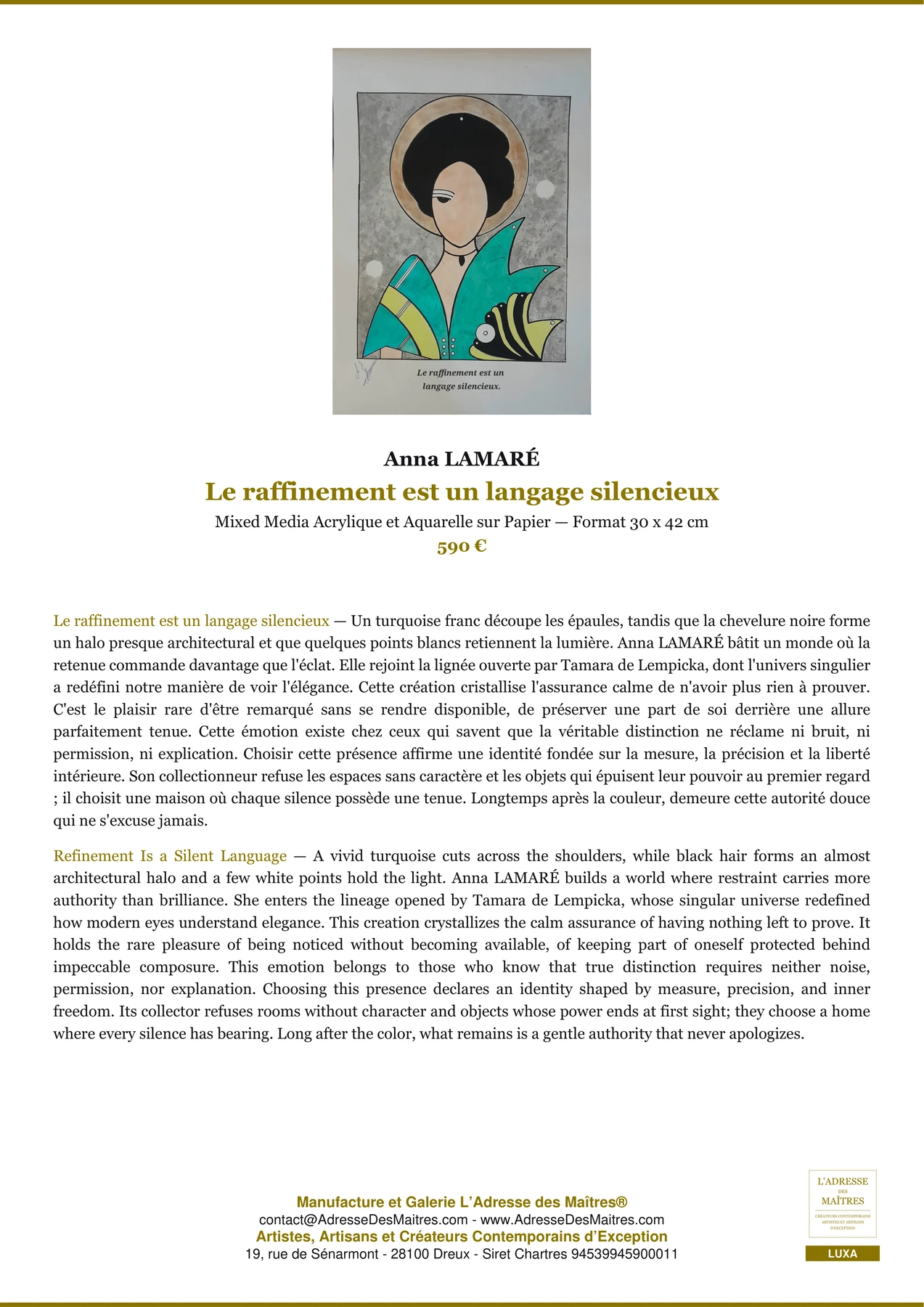 Fiche Premium - Le raffinement est un langage silencieux - Anna LAMARÉ - L'Adresse des Maîtres®