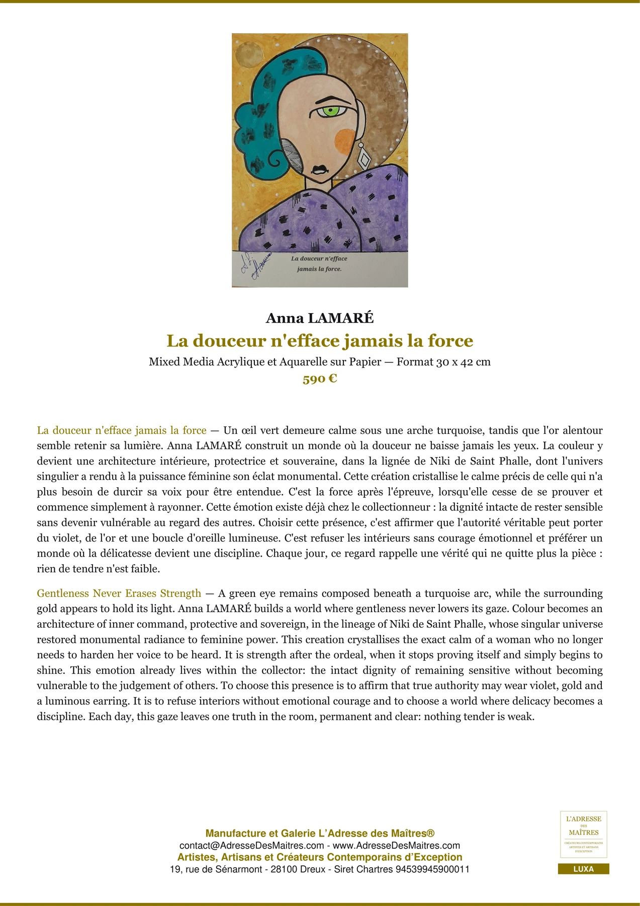 Fiche Premium - La douceur n'efface jamais la force - Anna LAMARÉ - L'Adresse des Maîtres®