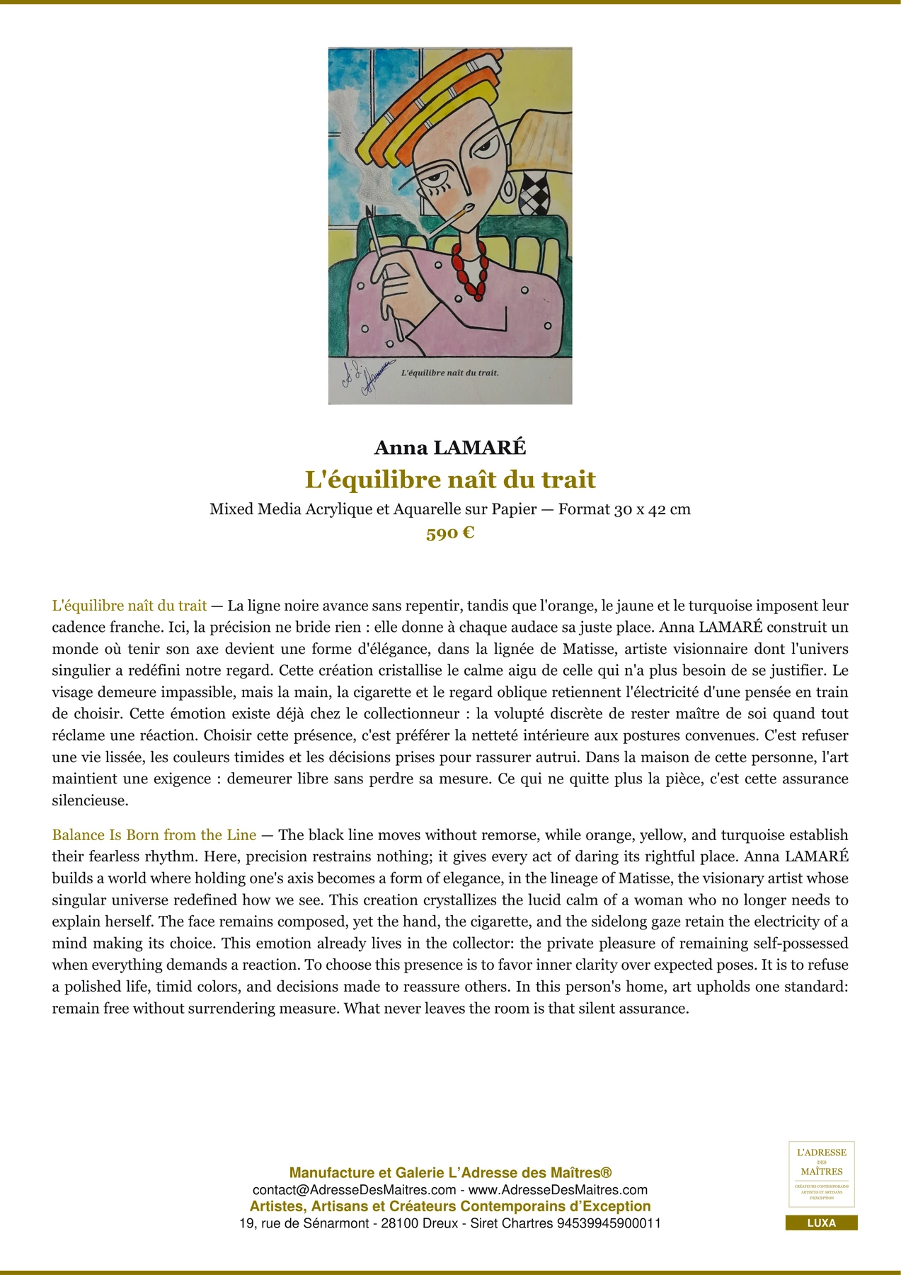 Fiche Premium - L'équilibre naît du trait - Anna LAMARÉ - L'Adresse des Maîtres®