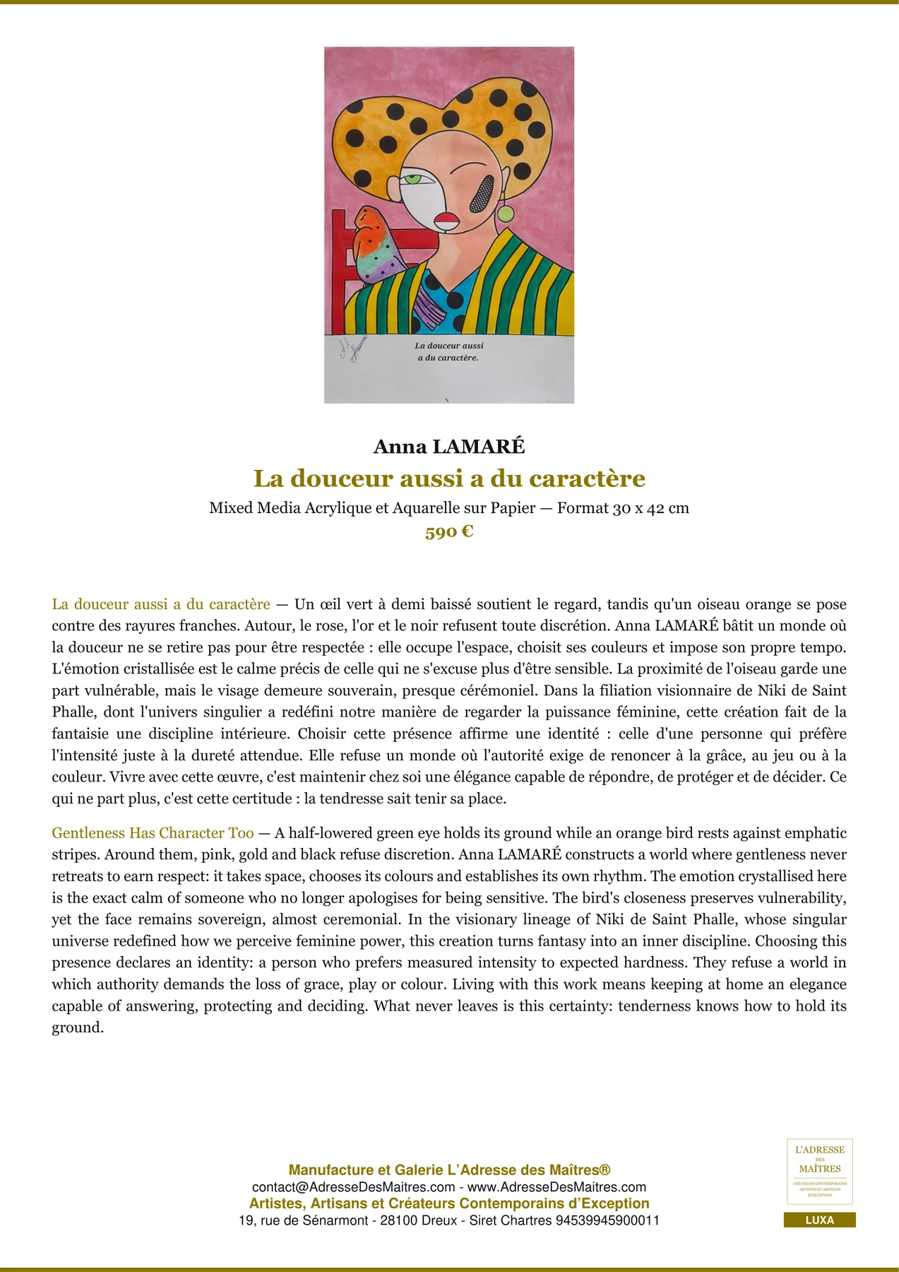 Fiche Premium - La douceur aussi a du caractère - Anna LAMARÉ - L'Adresse des Maîtres®
