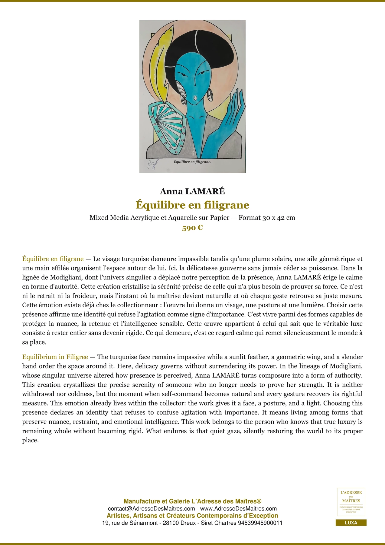 Fiche Premium - Équilibre en filigrane - Anna LAMARÉ - L'Adresse des Maîtres®