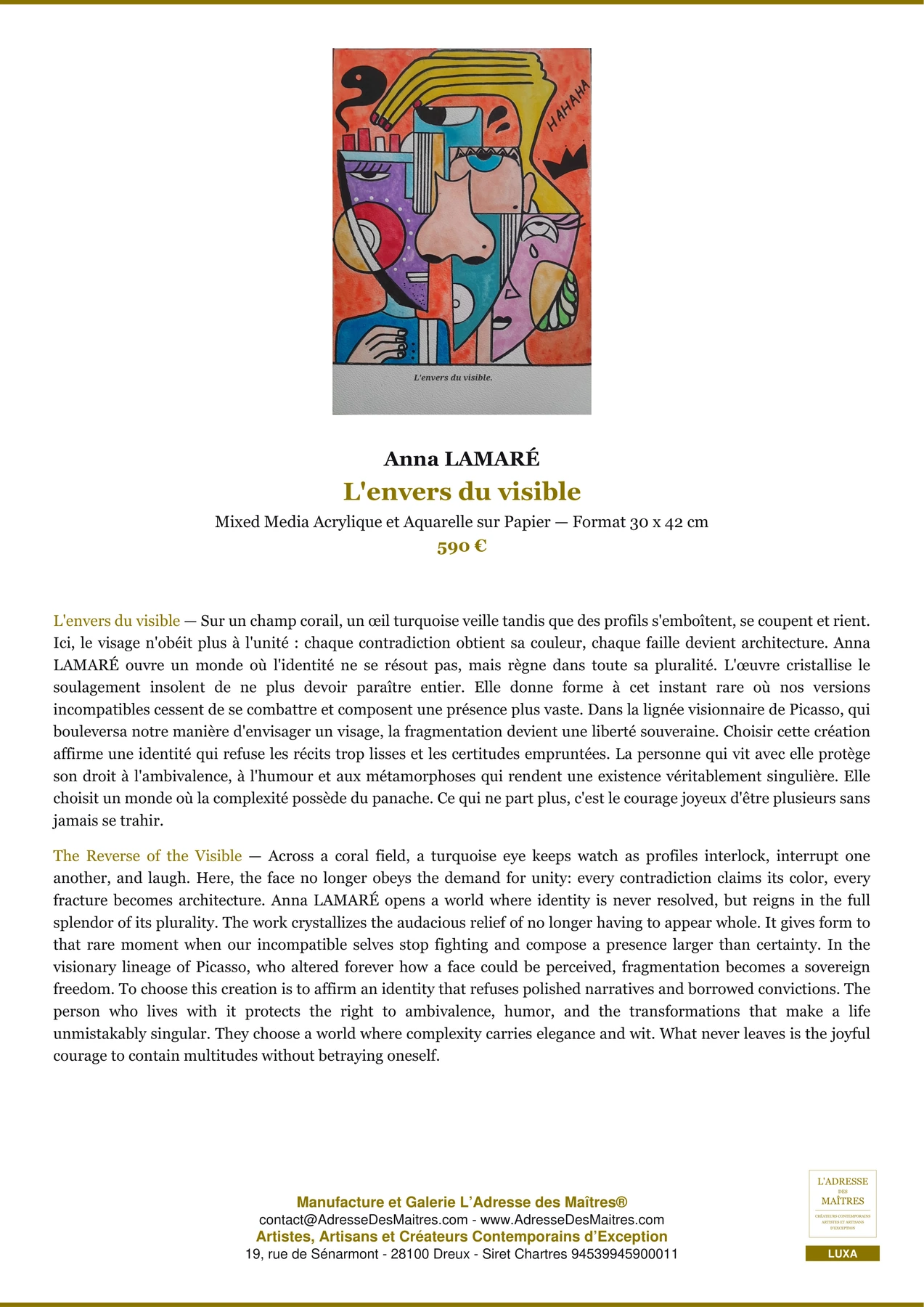 Fiche Premium - L'envers du visible - Anna LAMARÉ - L'Adresse des Maîtres®