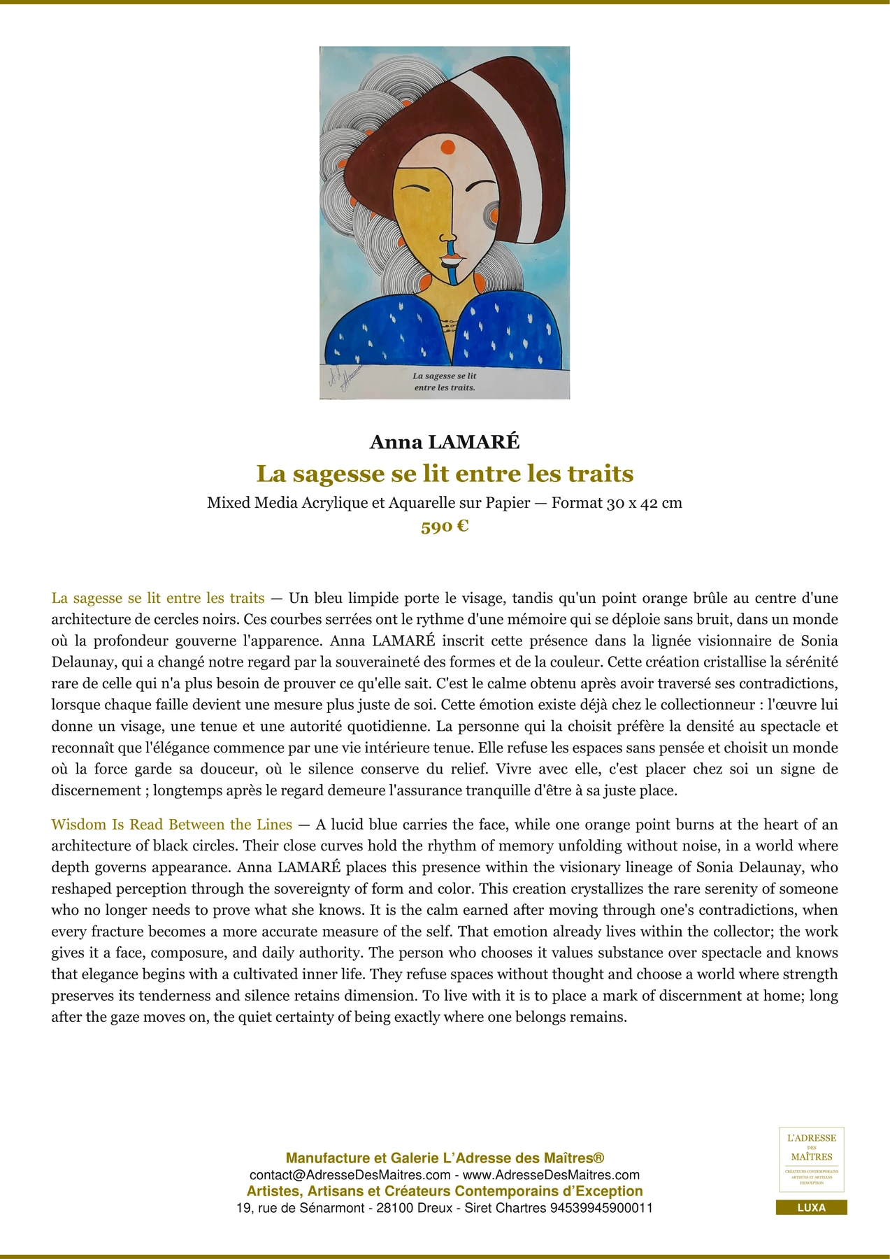 Fiche Premium - La sagesse se lit entre les traits - Anna LAMARÉ - L'Adresse des Maîtres®