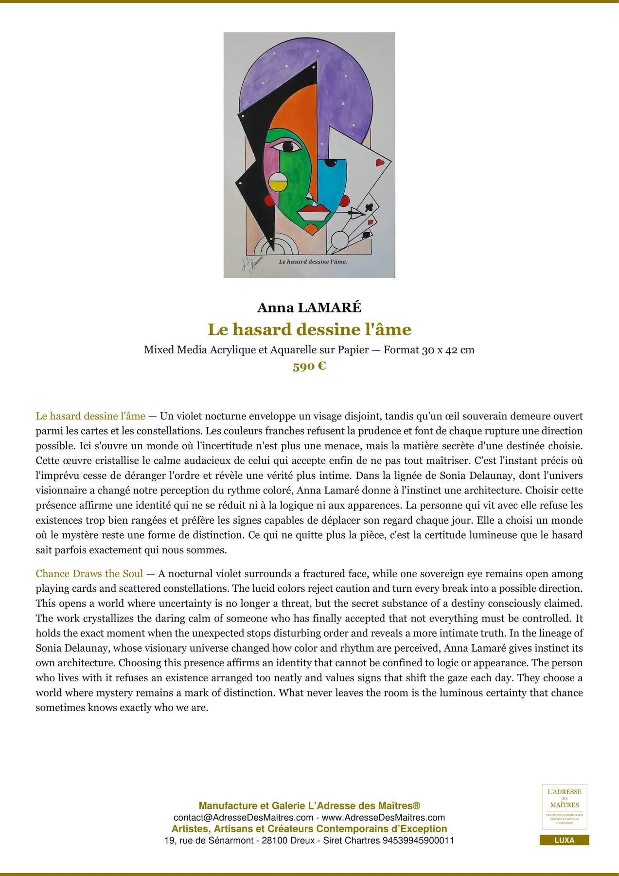 Fiche Premium - Le hasard dessine l'âme - Anna LAMARÉ - L'Adresse des Maîtres®