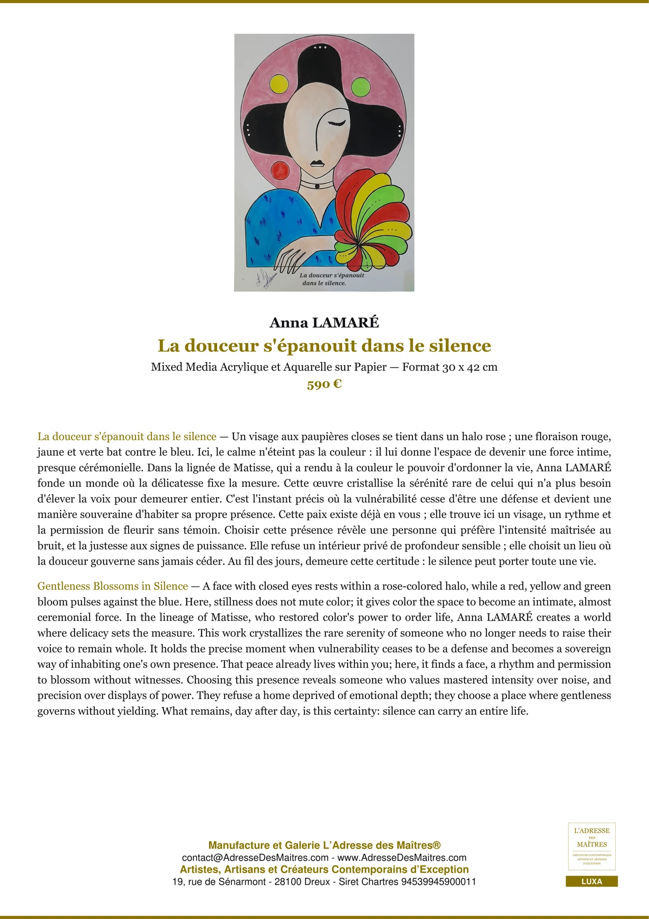 Fiche Premium - La douceur s'épanouit dans le silence - Anna LAMARÉ - L'Adresse des Maîtres®