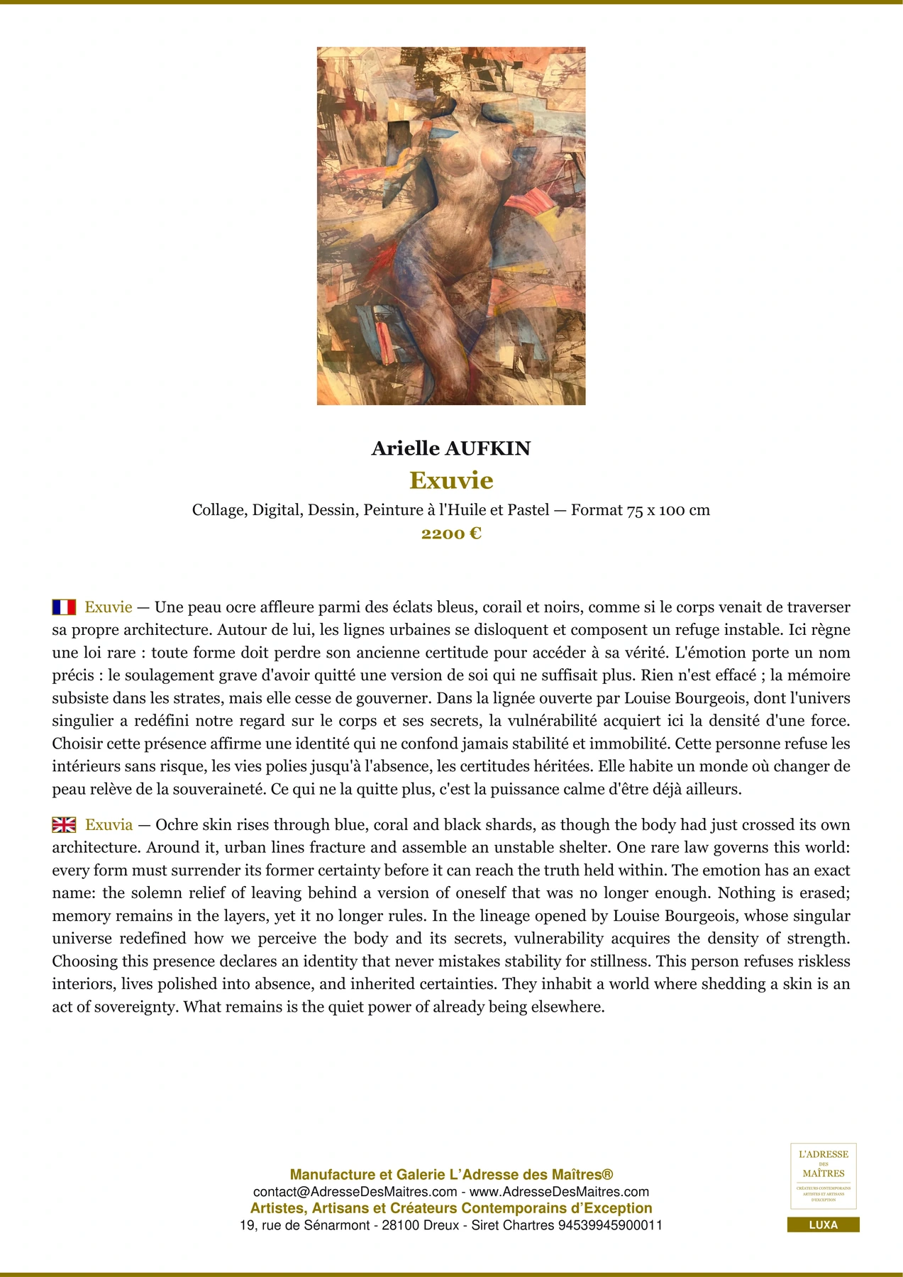 Fiche Premium - Exuvie - Arielle AUFKIN - L'Adresse des Maîtres®