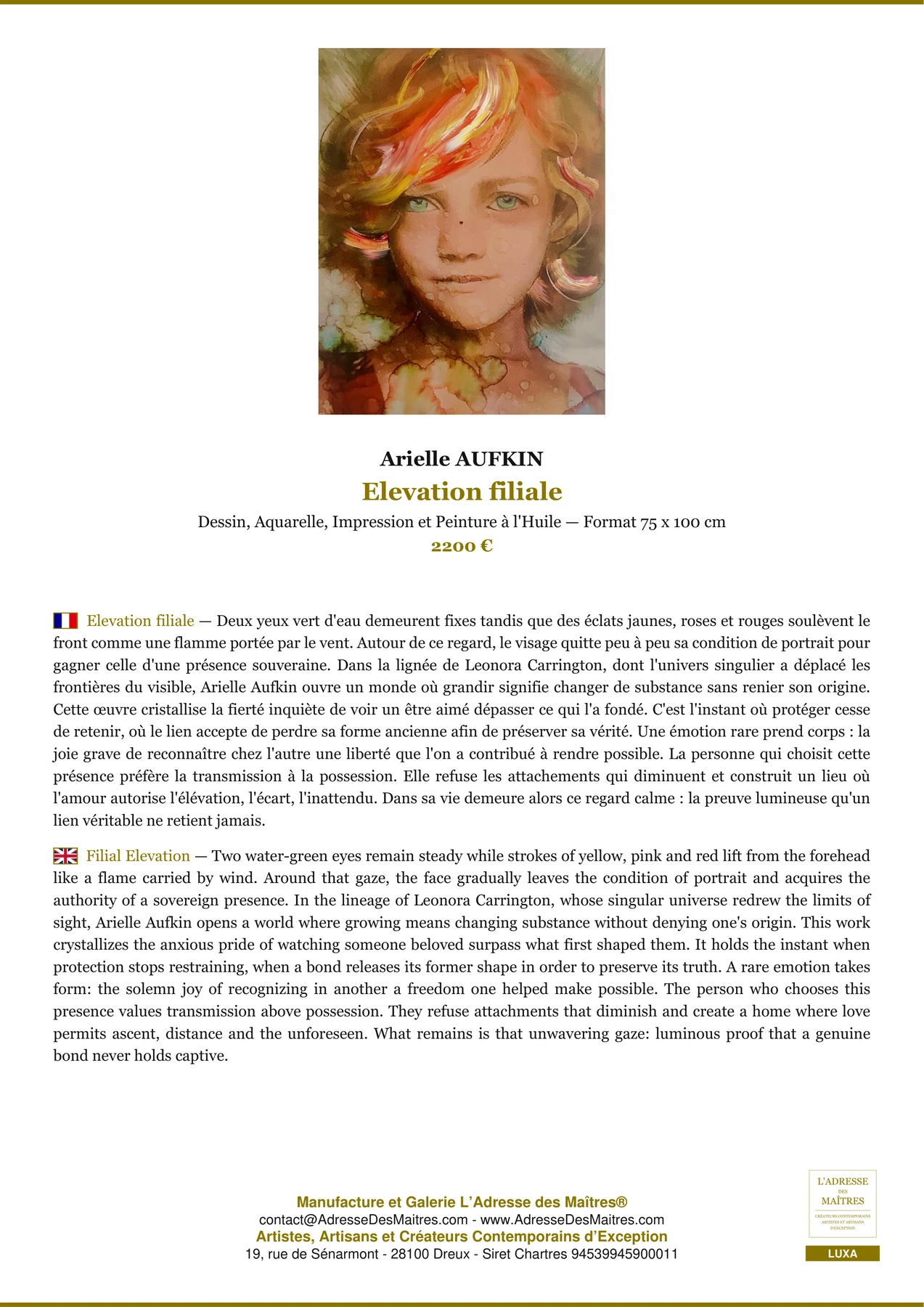 Fiche Premium - Elevation filiale - Arielle AUFKIN - L'Adresse des Maîtres®