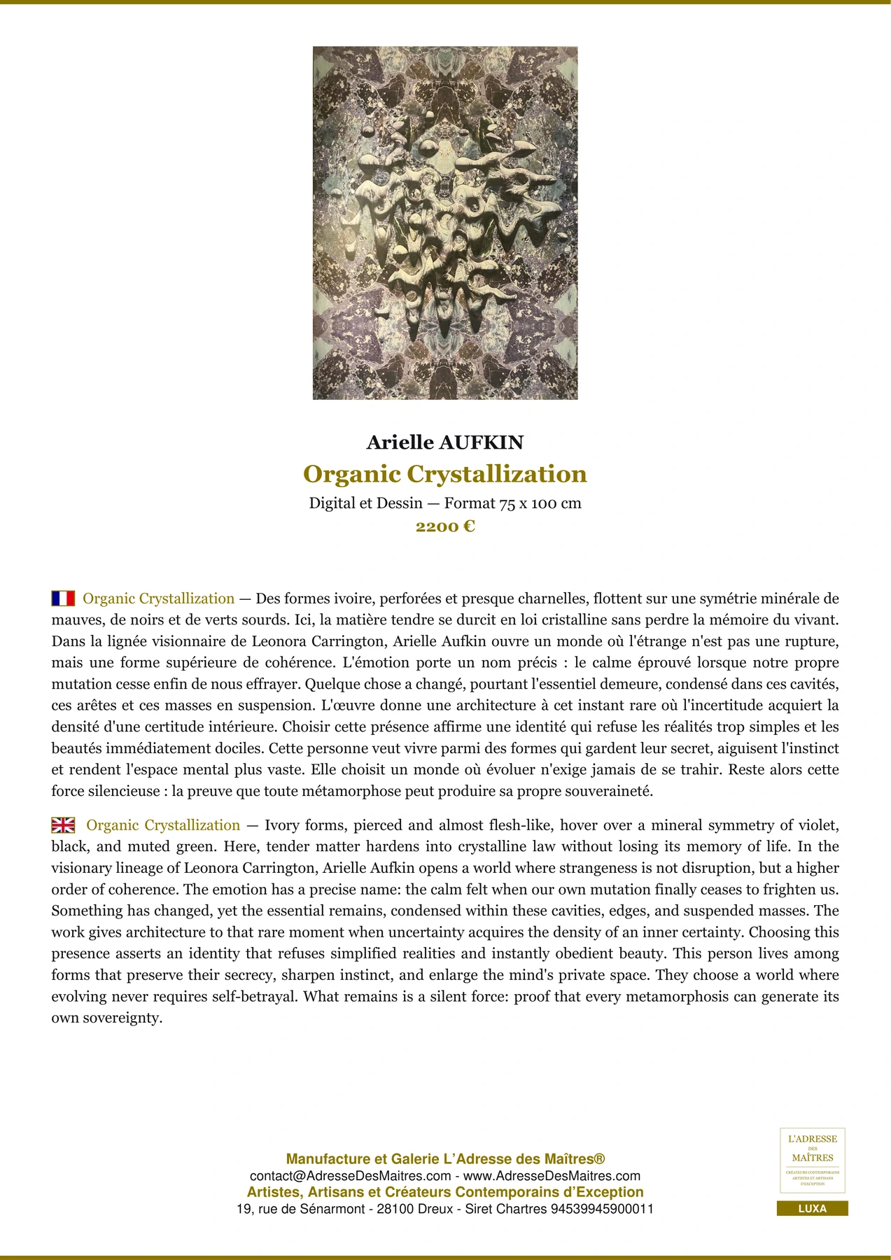 Fiche Premium - Organic Crystallization - Arielle AUFKIN - L'Adresse des Maîtres®