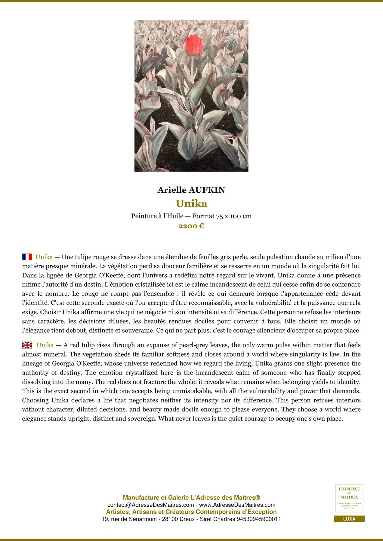 Fiche Premium - Unika - Arielle AUFKIN - L'Adresse des Maîtres®