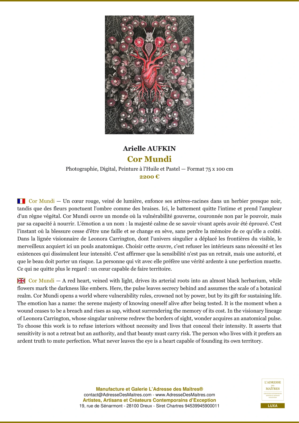 Fiche Premium - Cor Mundi - Arielle AUFKIN - L'Adresse des Maîtres®