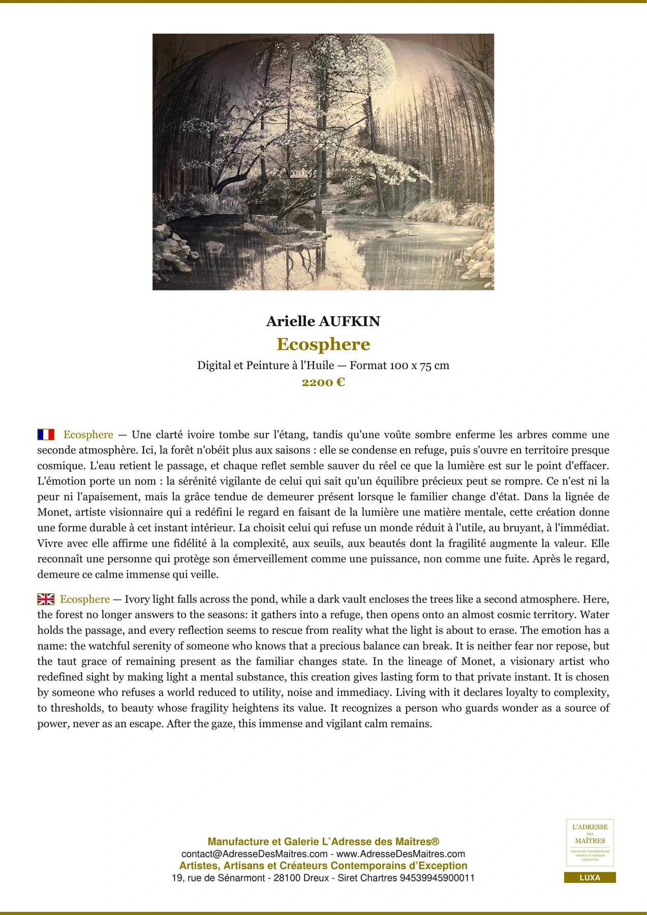 Fiche Premium - Ecosphere - Arielle AUFKIN - L'Adresse des Maîtres®