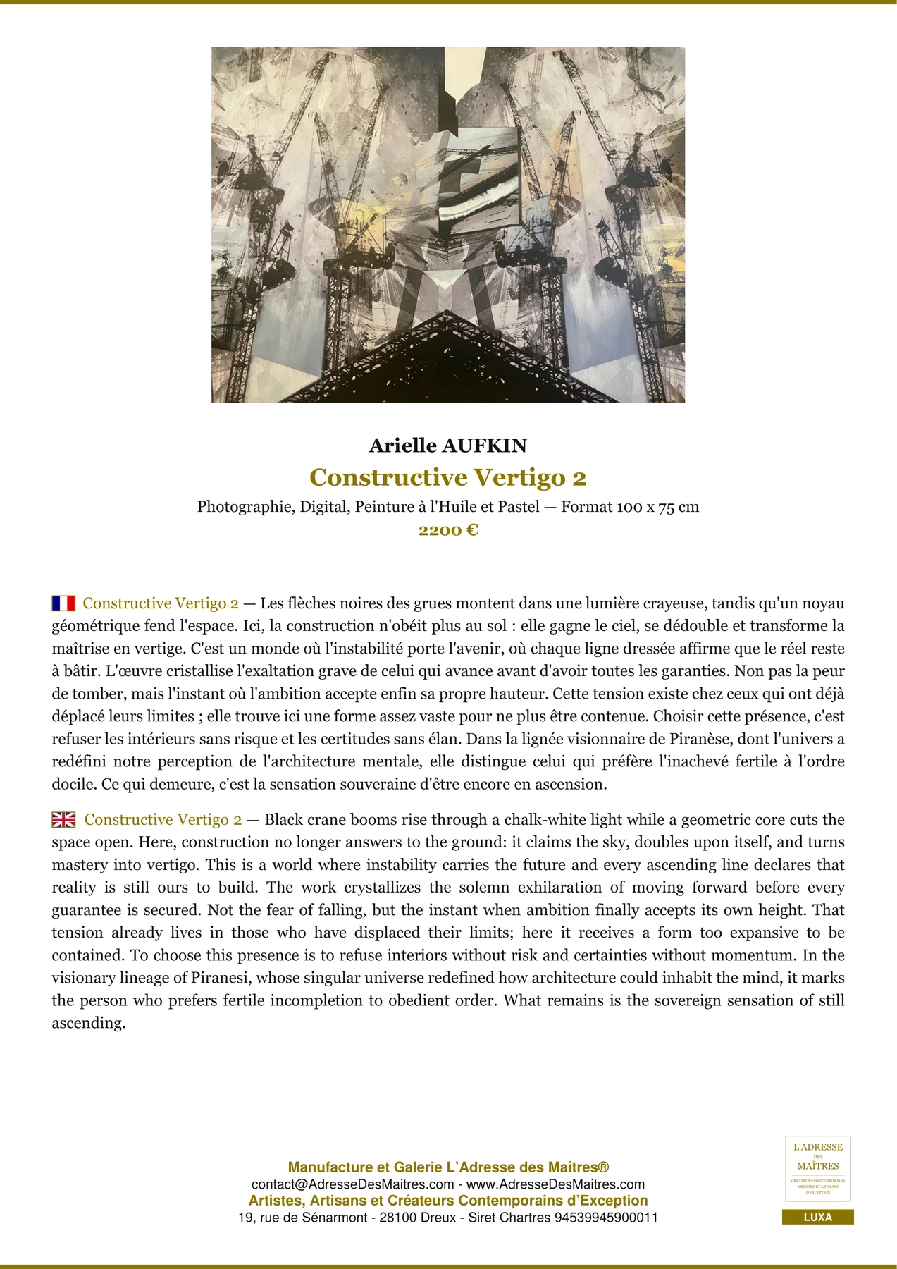 Fiche Premium - Constructive Vertigo 2 - Arielle AUFKIN - L'Adresse des Maîtres®