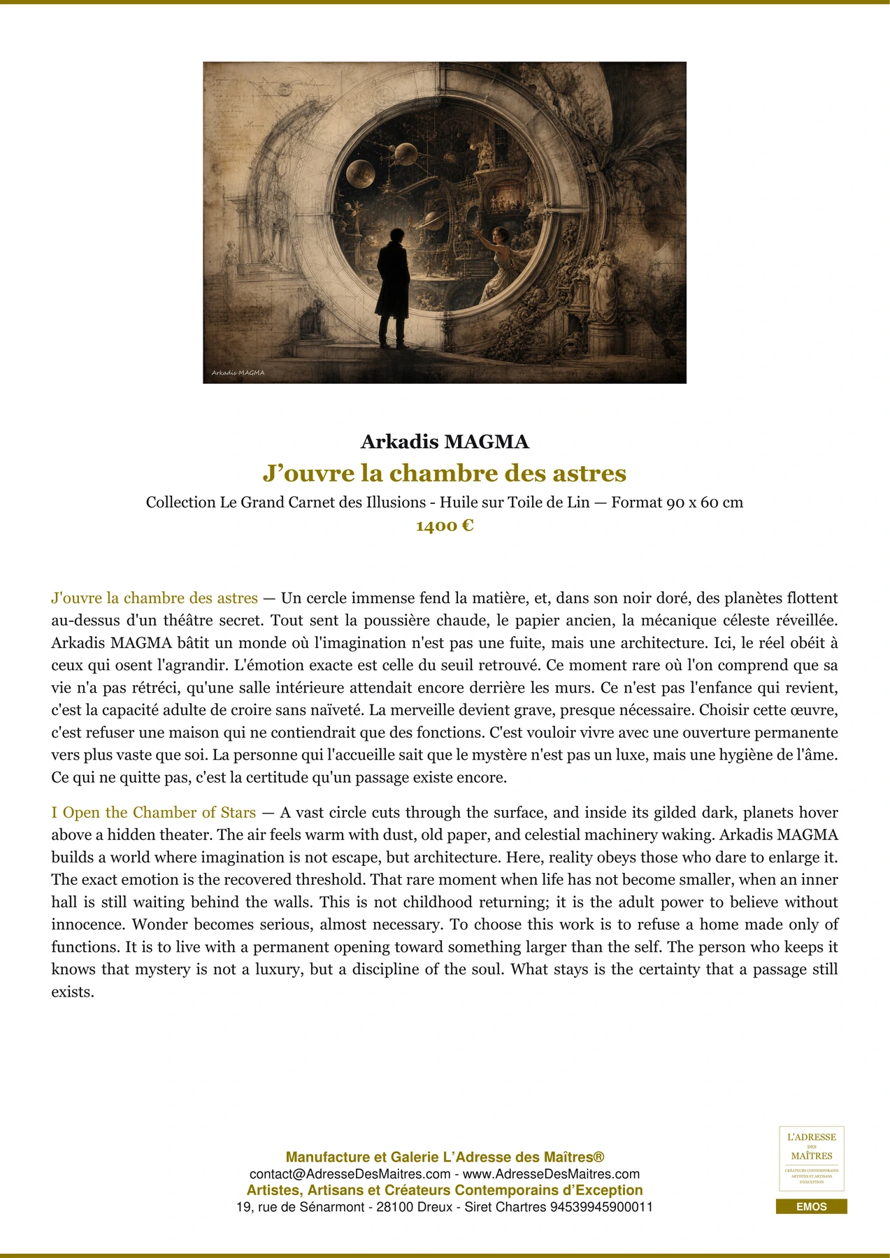 Fiche Premium - J’ouvre la chambre des astres - Arkadis MAGMA - L'Adresse des Maîtres®