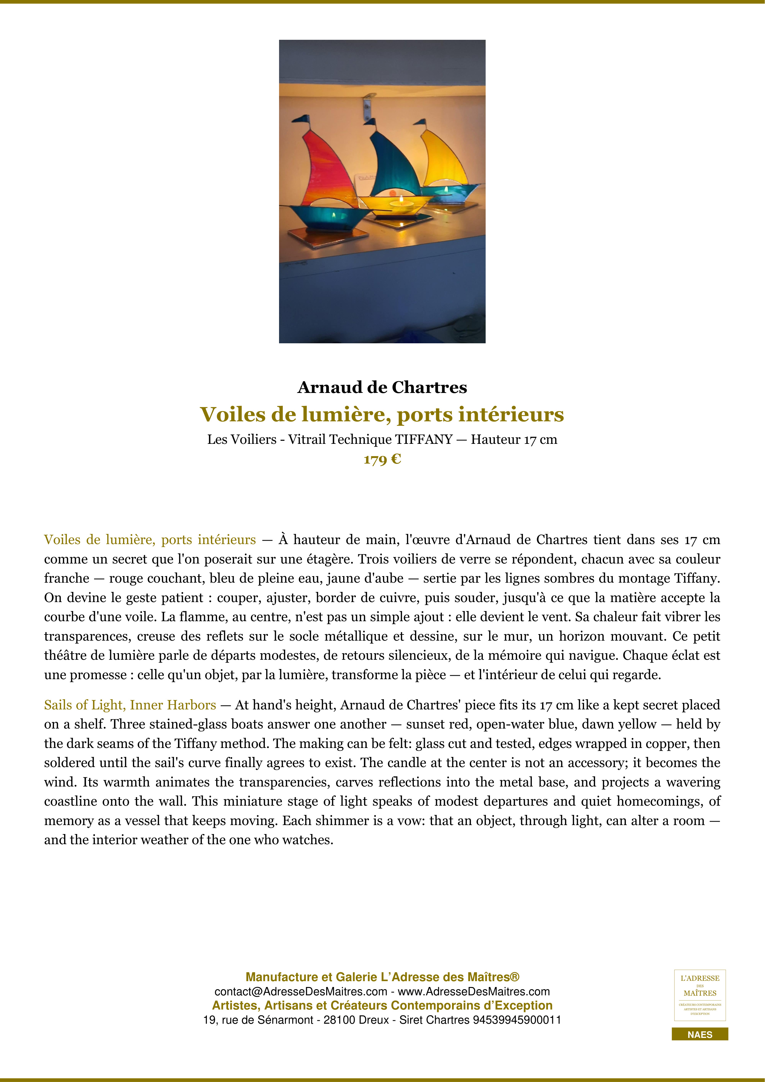 Fiche Premium — Voiles de lumière, ports intérieurs — Arnaud de Chartres — L'Adresse des Maîtres®
