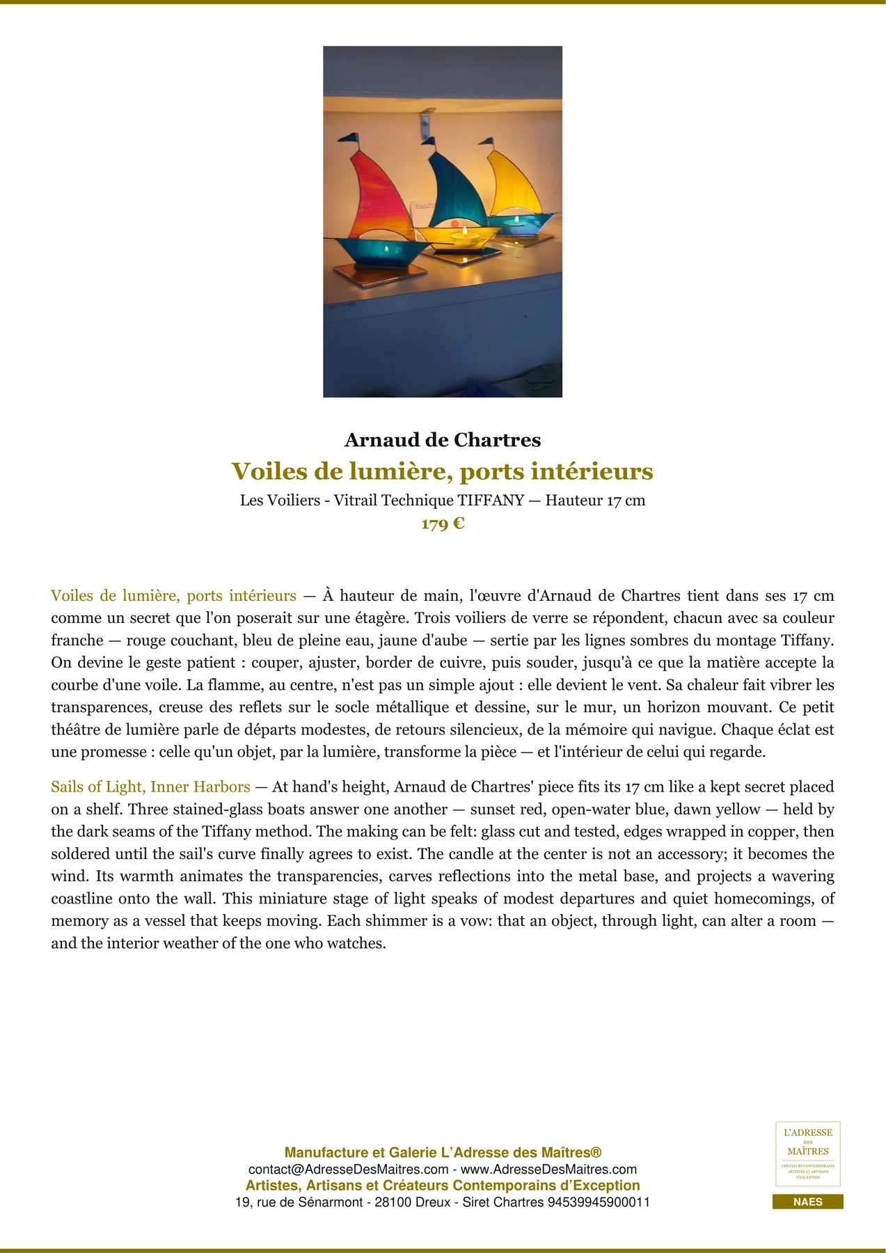 Fiche Premium - Voiles de lumière, ports intérieurs - Arnaud de Chartres - L'Adresse des Maîtres®