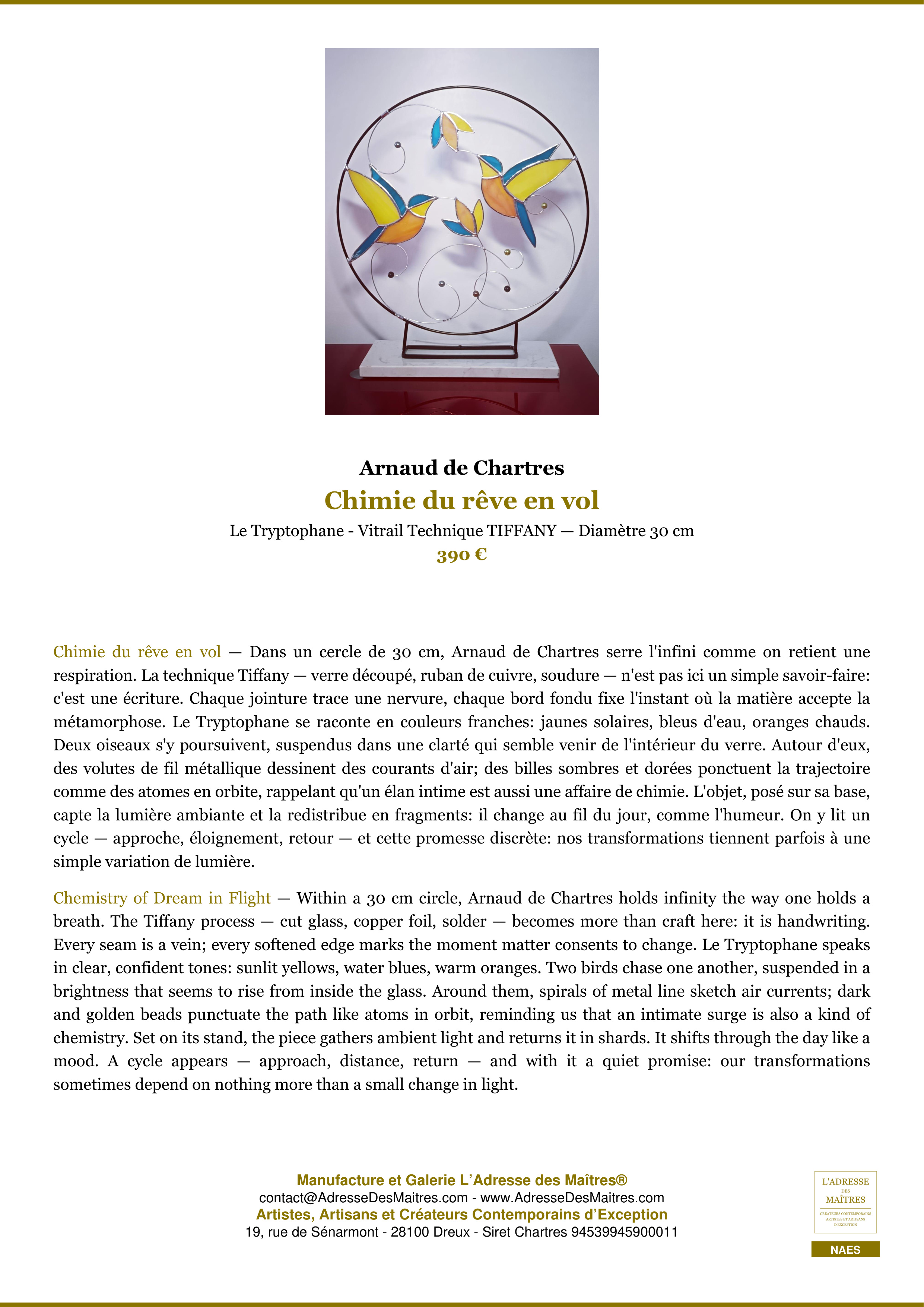 Fiche Premium — Chimie du rêve en vol — Arnaud de Chartres — L'Adresse des Maîtres®