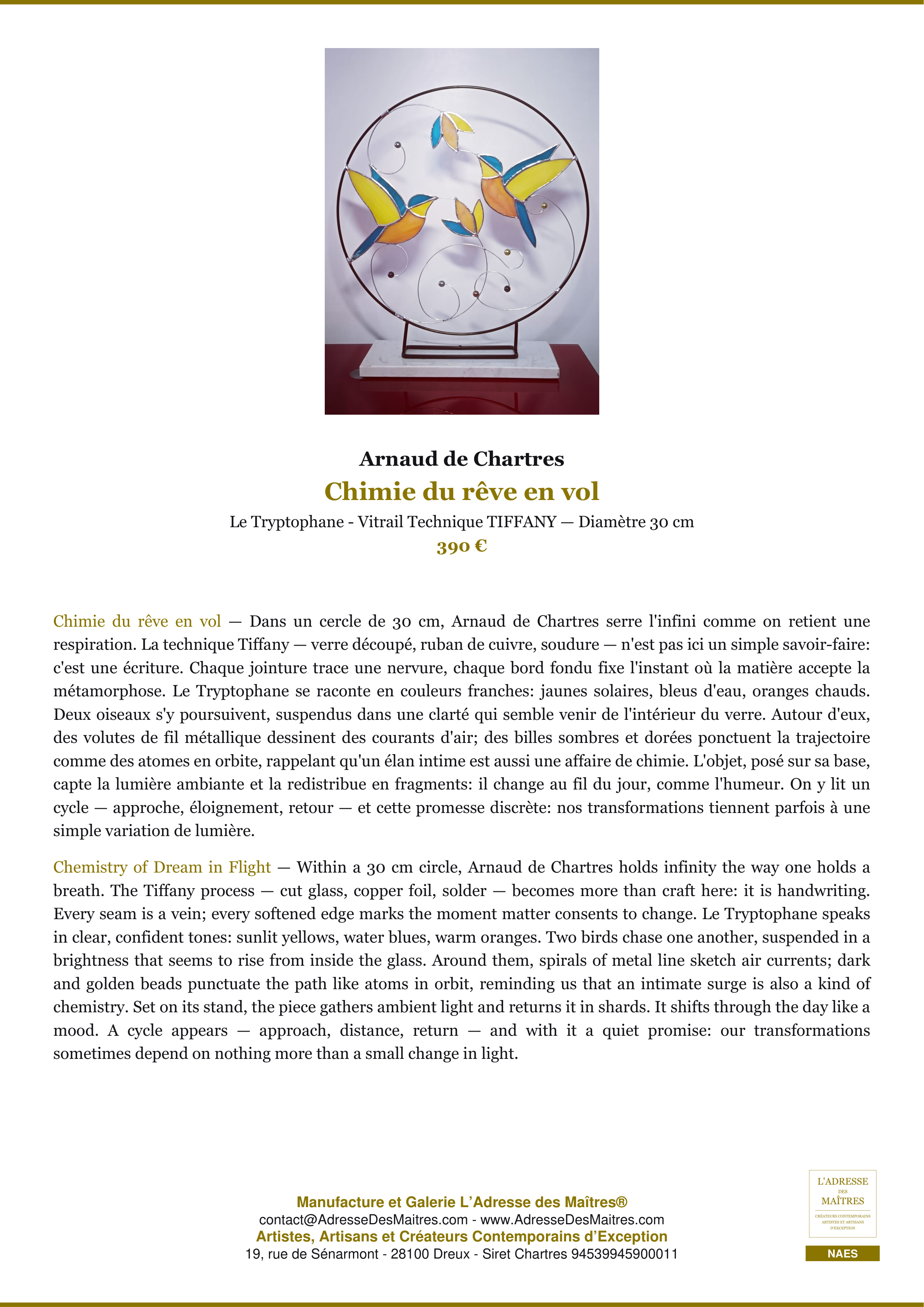 Fiche Premium — Chimie du rêve en vol — Arnaud de Chartres — L'Adresse des Maîtres®