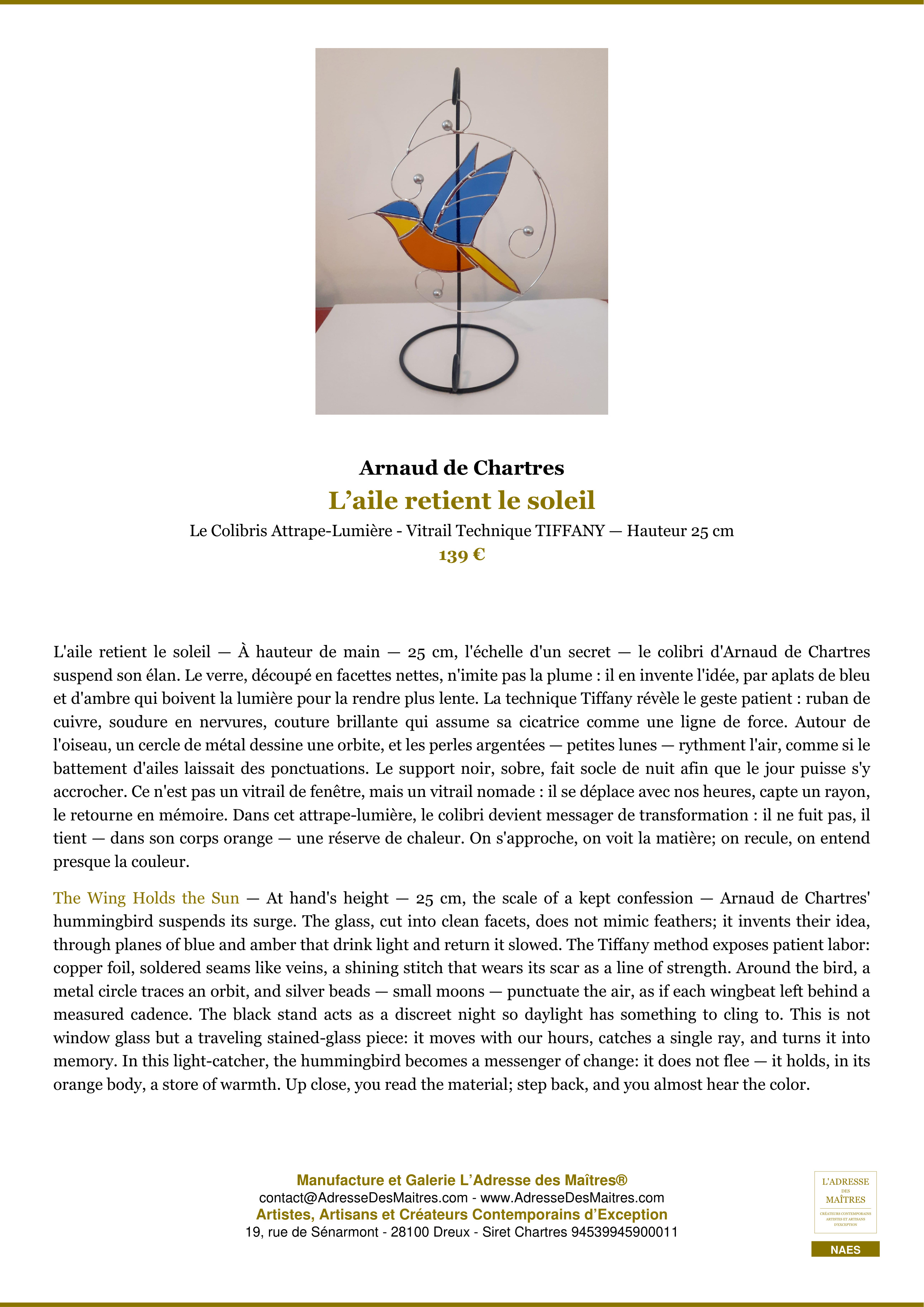 Fiche Premium — L’aile retient le soleil — Arnaud de Chartres — L'Adresse des Maîtres®