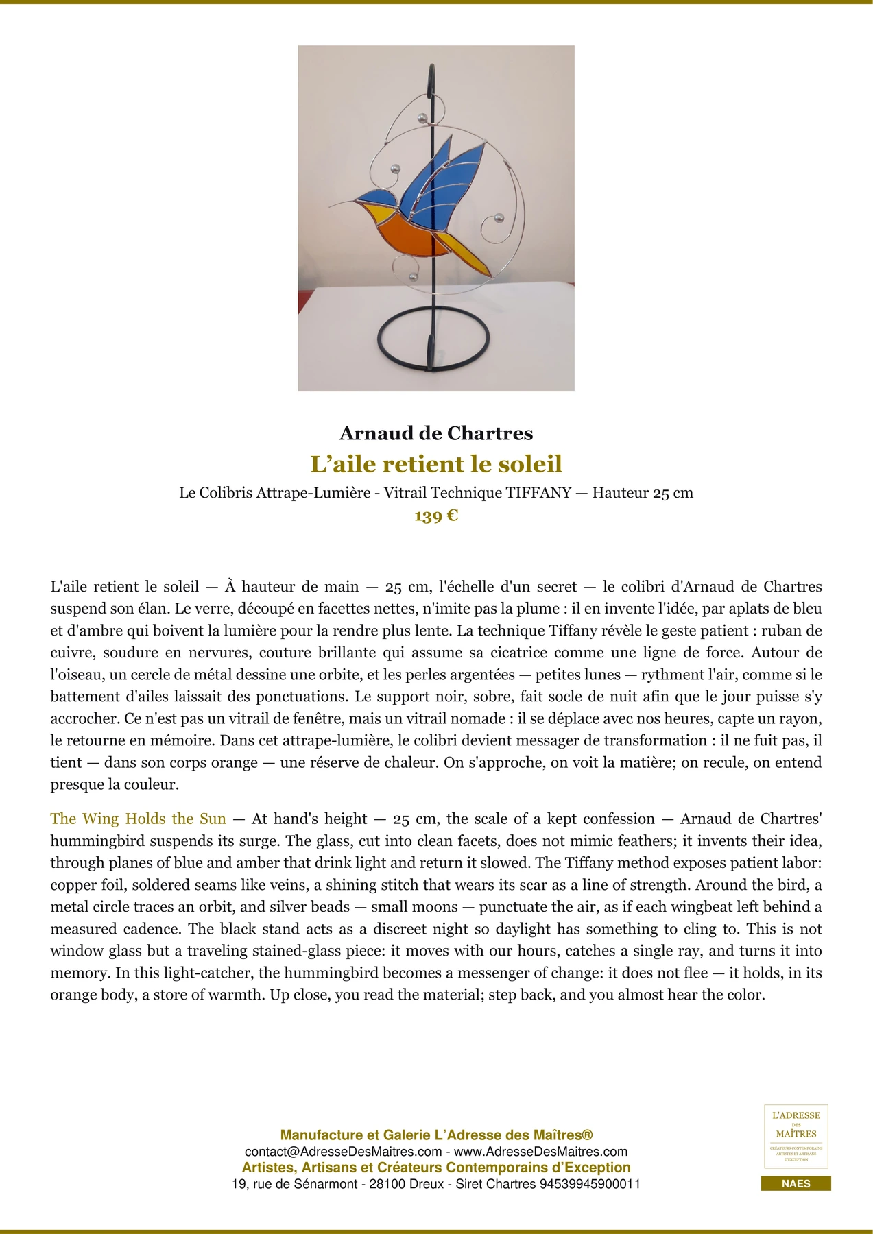 Fiche Premium - L’aile retient le soleil - Arnaud de Chartres - L'Adresse des Maîtres®