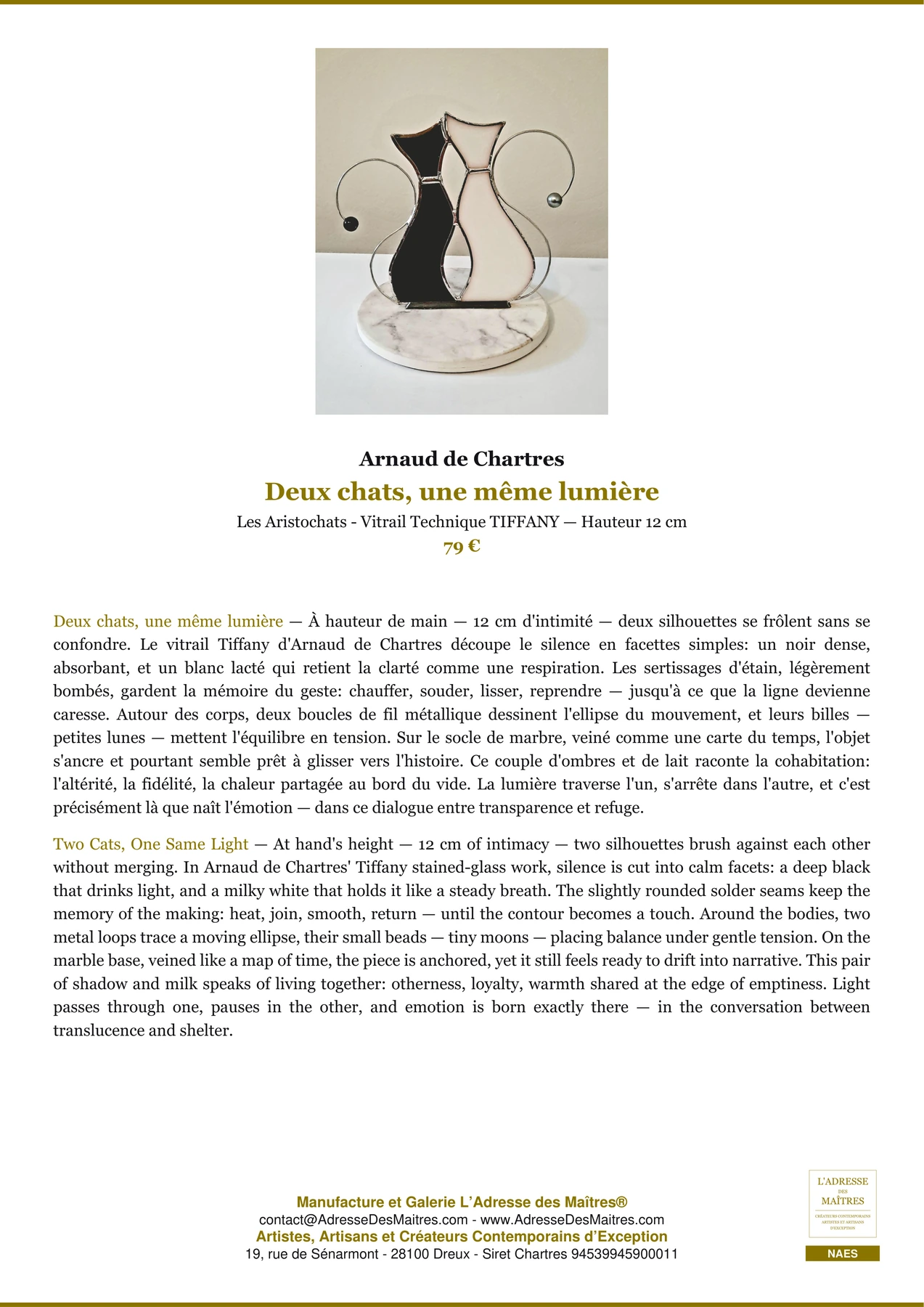 Fiche Premium - Deux chats, une même lumière - Arnaud de Chartres - L'Adresse des Maîtres®