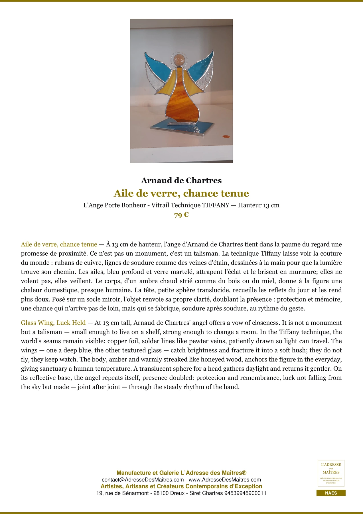 Fiche Premium - Aile de verre, chance tenue - Arnaud de Chartres - L'Adresse des Maîtres®