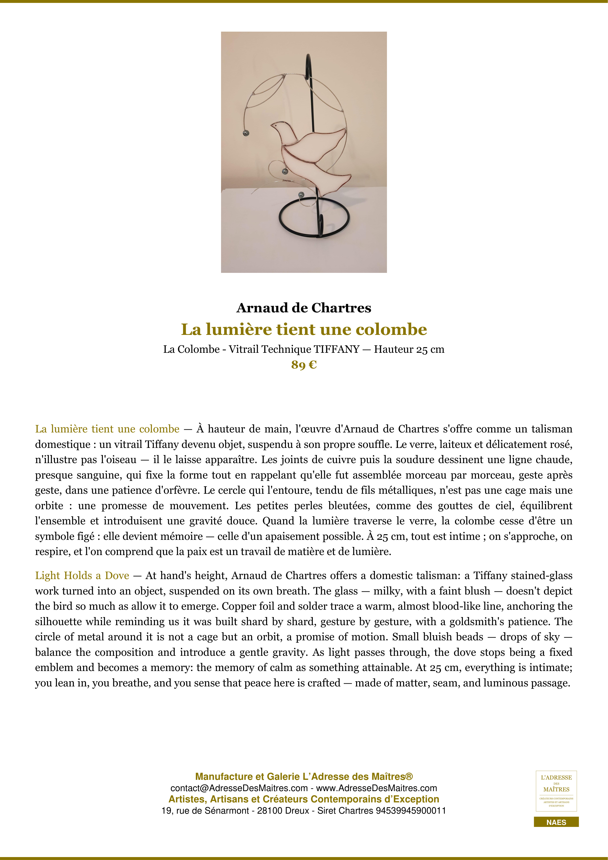 Fiche Premium — La lumière tient une colombe — Arnaud de Chartres — L'Adresse des Maîtres®