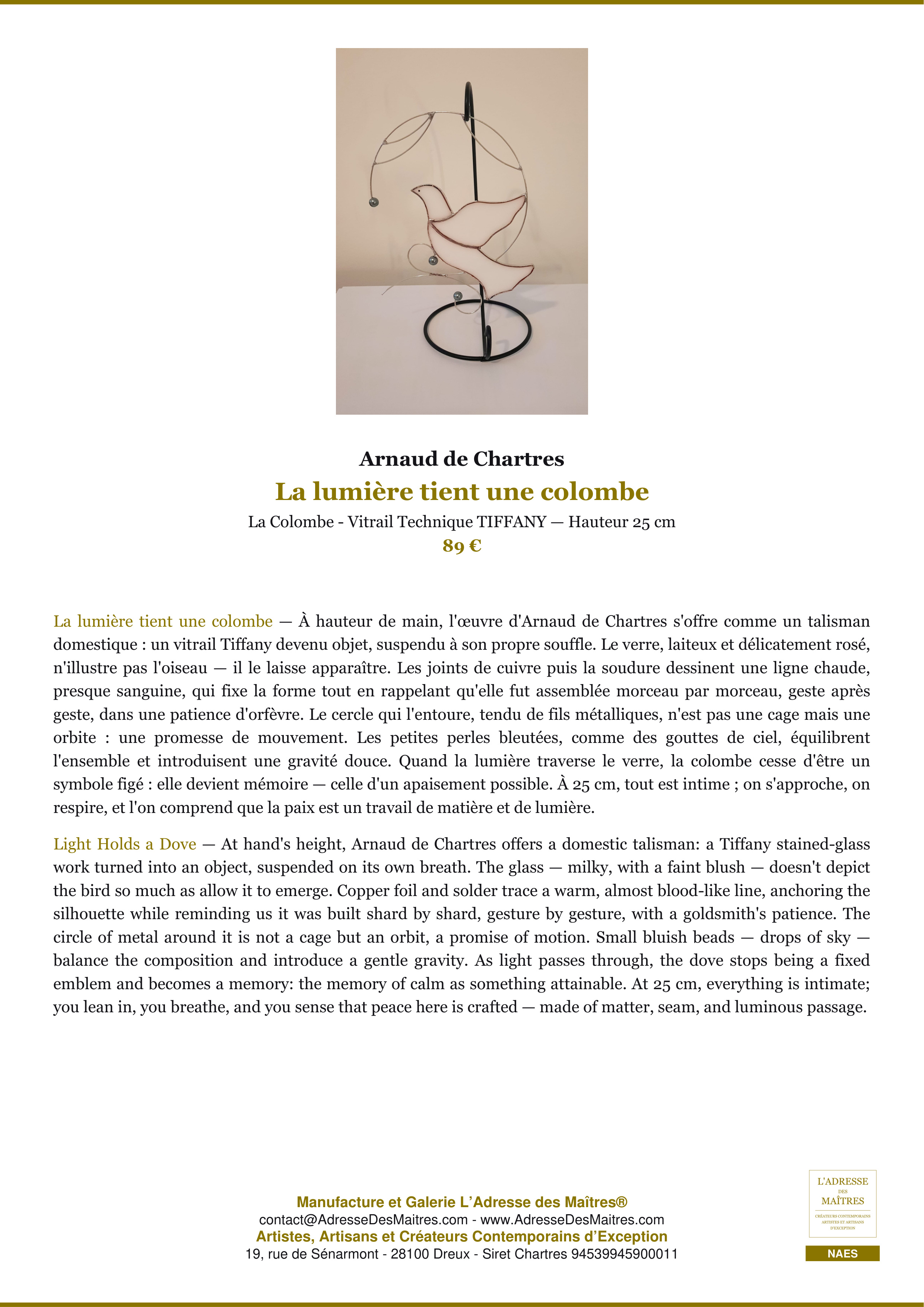 Fiche Premium — La lumière tient une colombe — Arnaud de Chartres — L'Adresse des Maîtres®