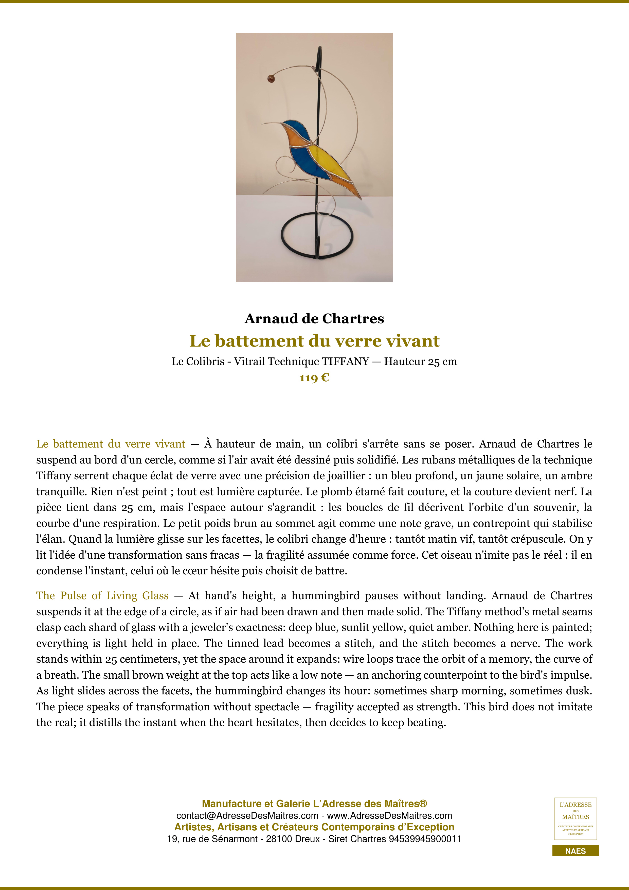 Fiche Premium — Le battement du verre vivant — Arnaud de Chartres — L'Adresse des Maîtres®