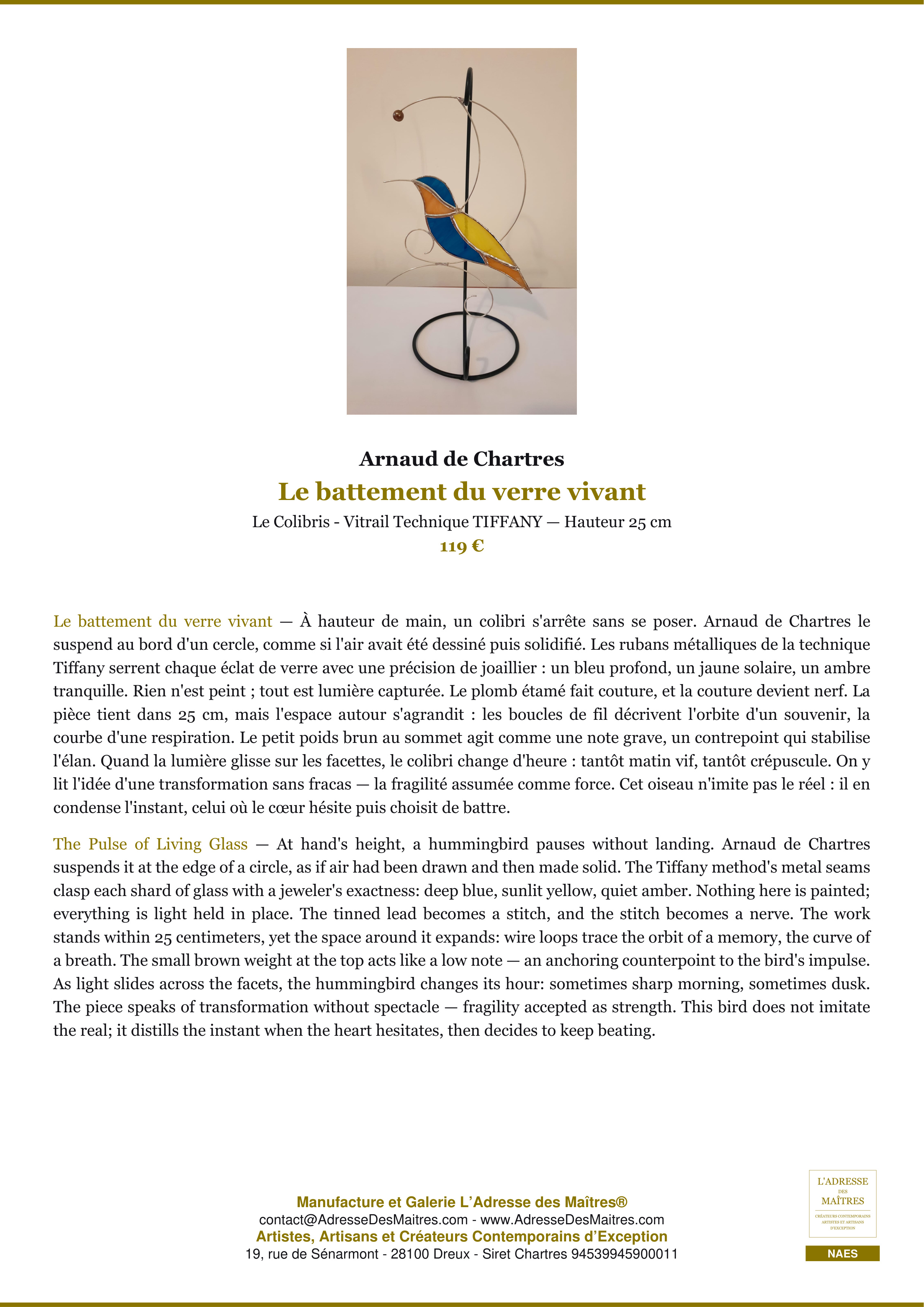Fiche Premium — Le battement du verre vivant — Arnaud de Chartres — L'Adresse des Maîtres®