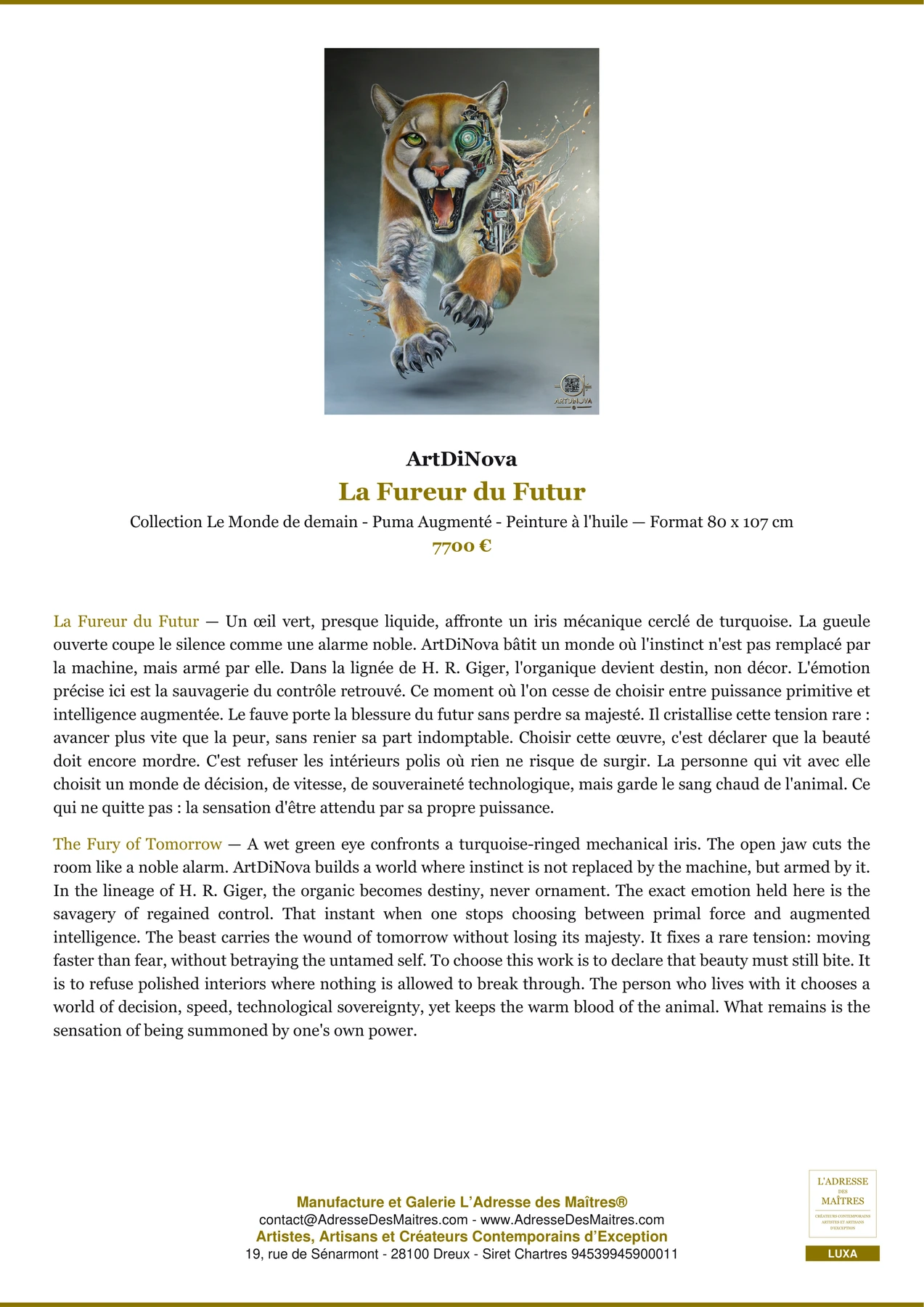 Fiche Premium - La Fureur du Futur - ArtDiNova - L'Adresse des Maîtres®