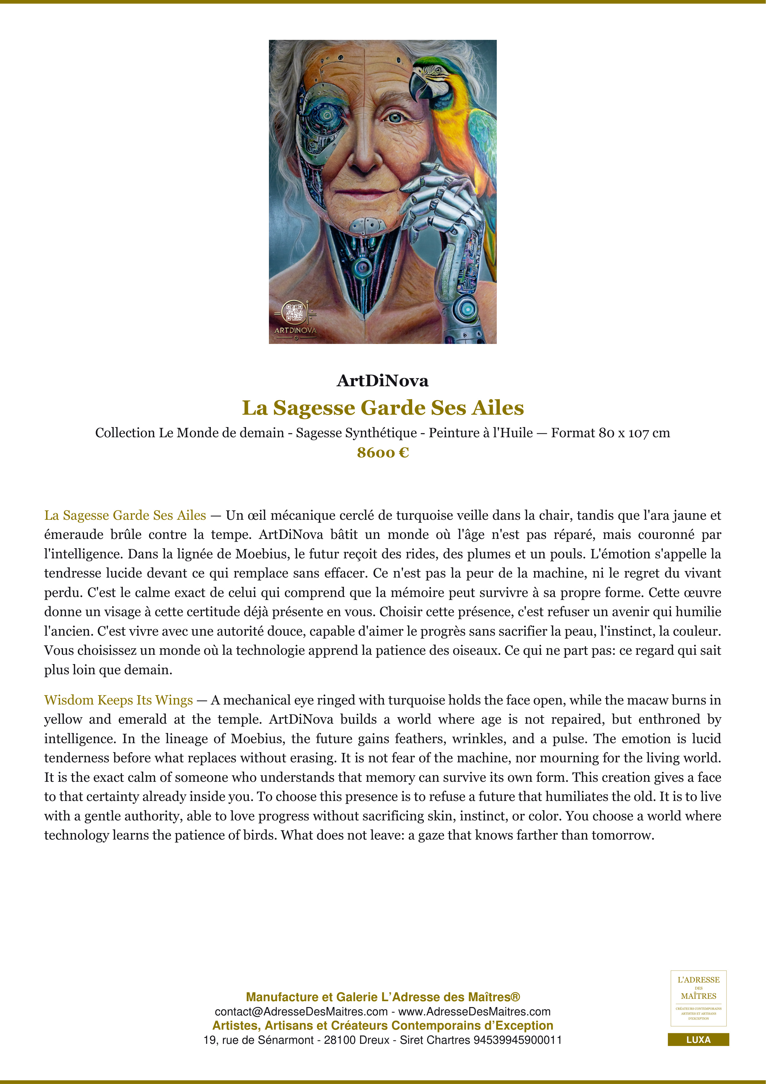 Fiche Premium — La Sagesse Garde Ses Ailes — ArtDiNova — L'Adresse des Maîtres®