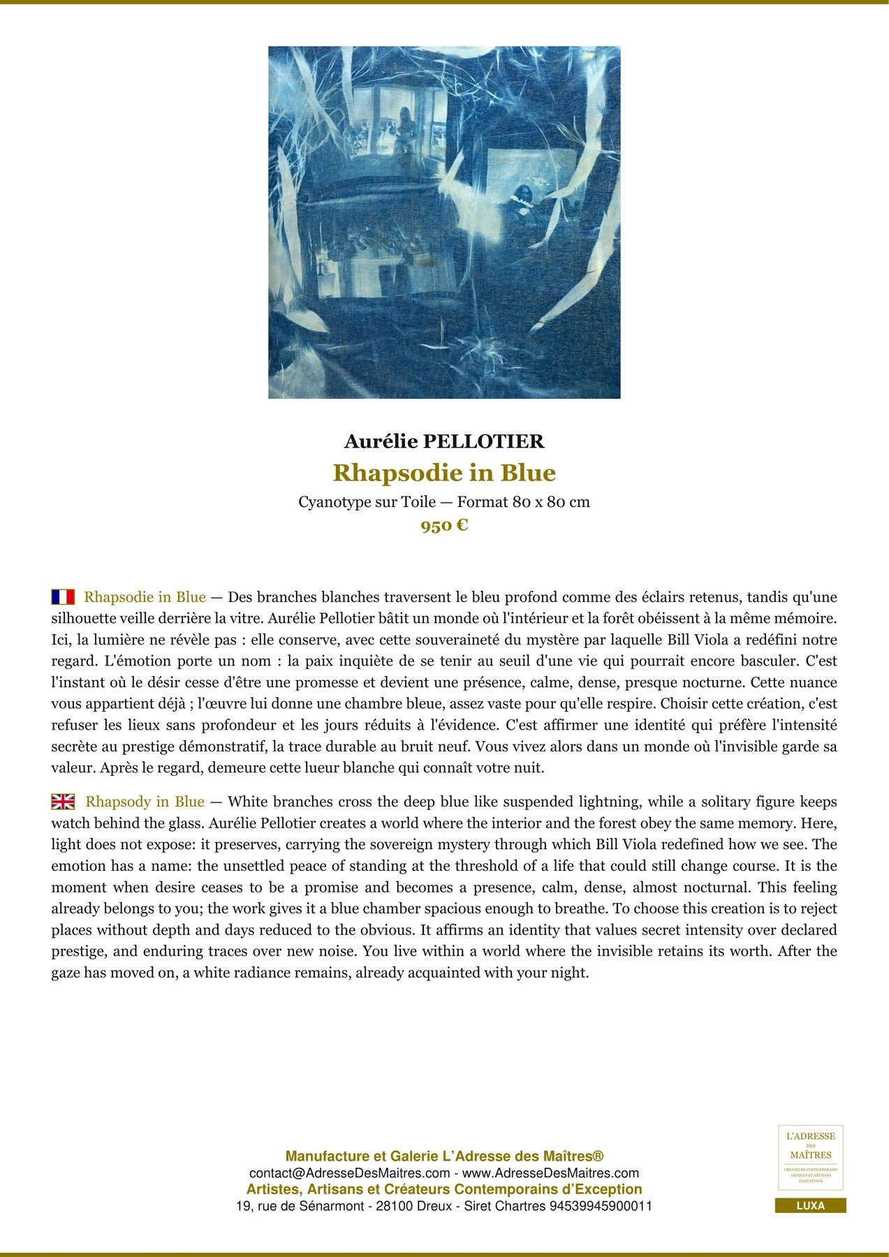 Rhapsodie in Blue — Fiche Premium, Cyanotype sur Toile 80 x 80 cm, Aurélie PELLOTIER