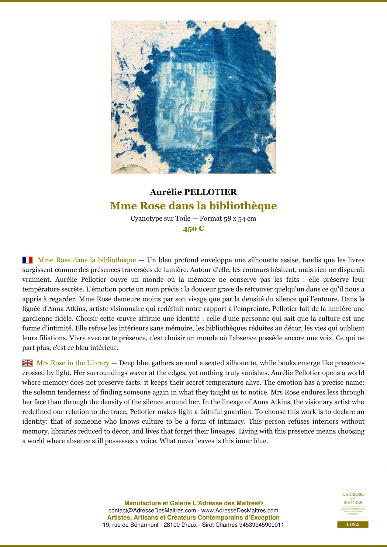 Mme Rose dans la bibliothèque — Fiche Premium, Cyanotype sur Toile 58 x 54 cm, Aurélie PELLOTIER
