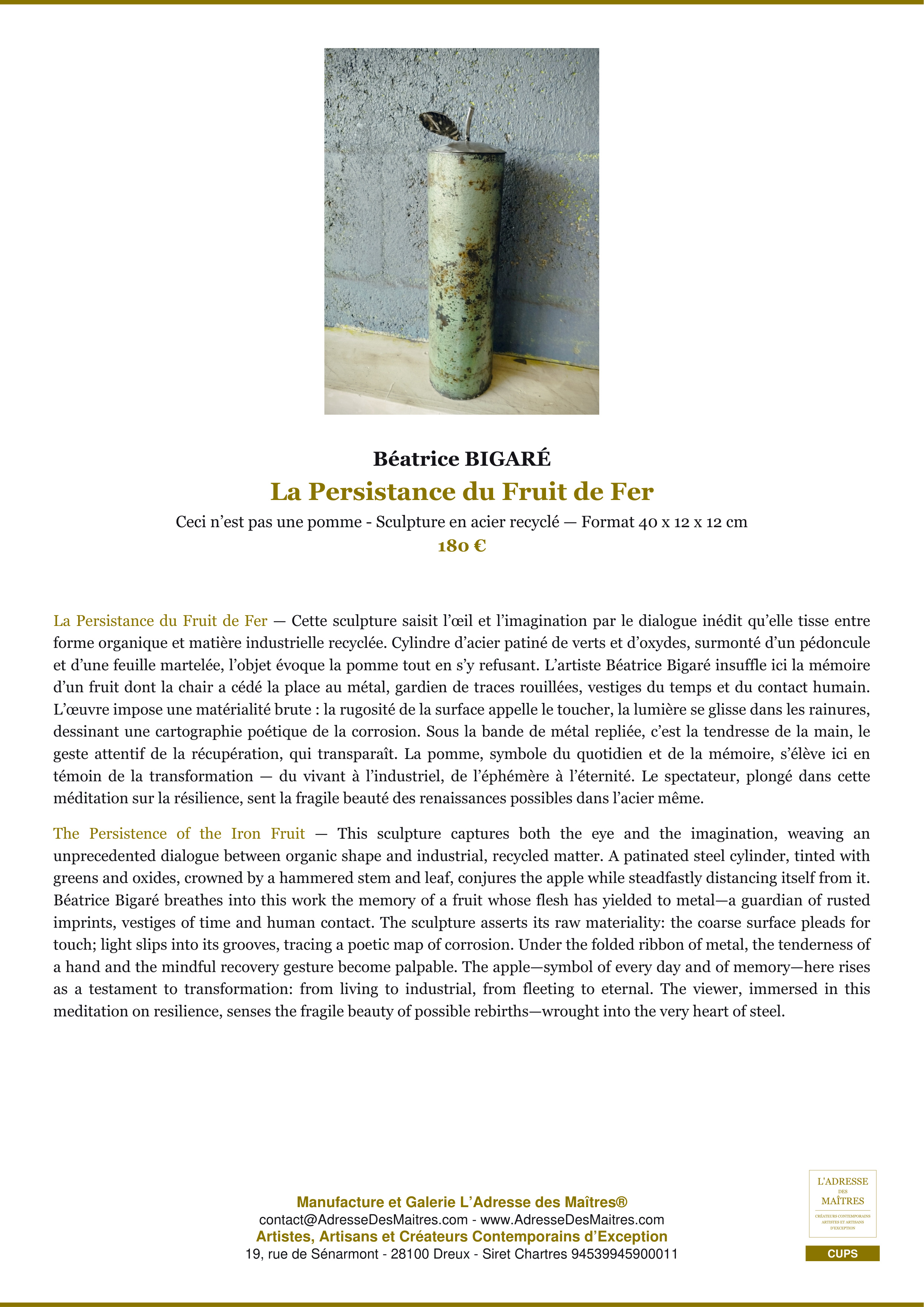 Fiche Premium — La Persistance du Fruit de Fer — Béatrice BIGARÉ — L'Adresse des Maîtres®