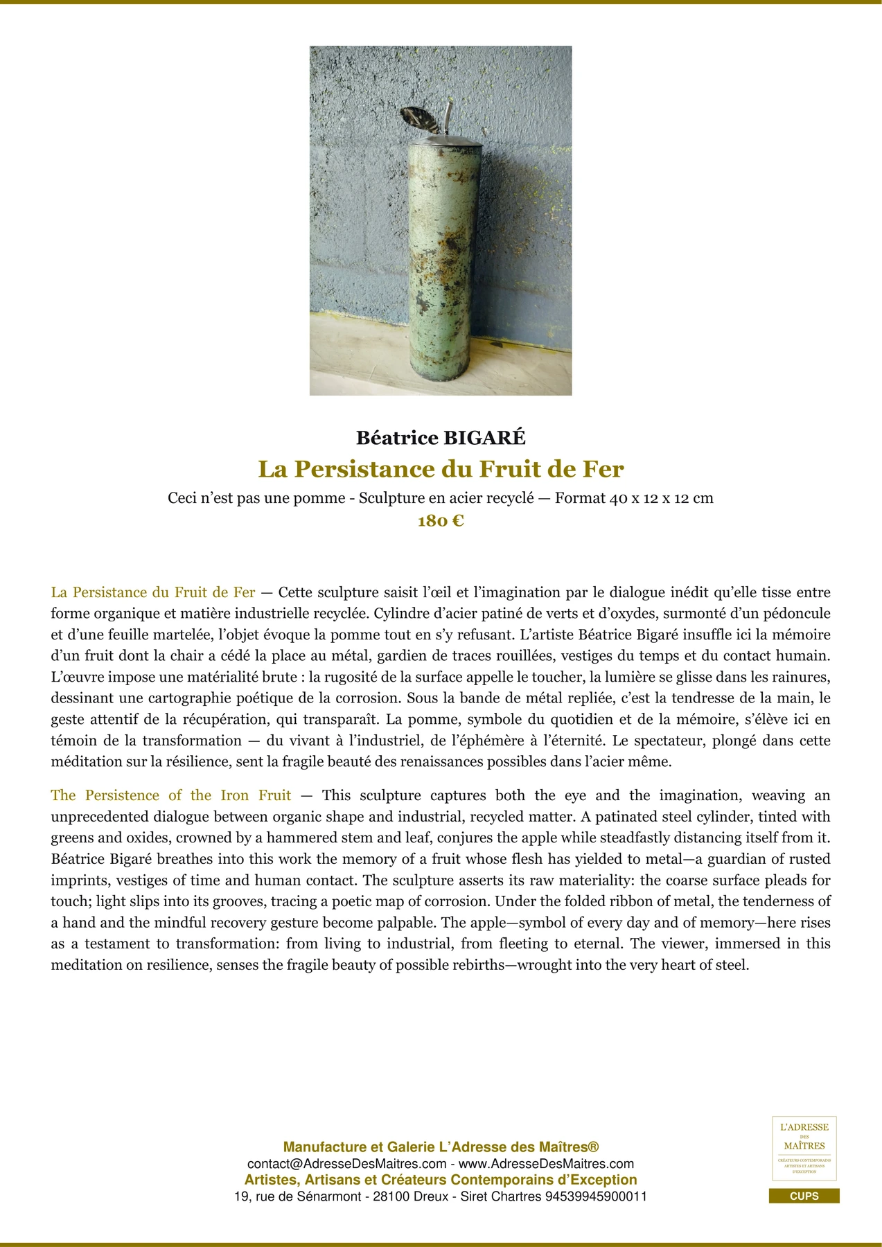 Fiche Premium - La Persistance du Fruit de Fer - Béatrice BIGARÉ - L'Adresse des Maîtres®