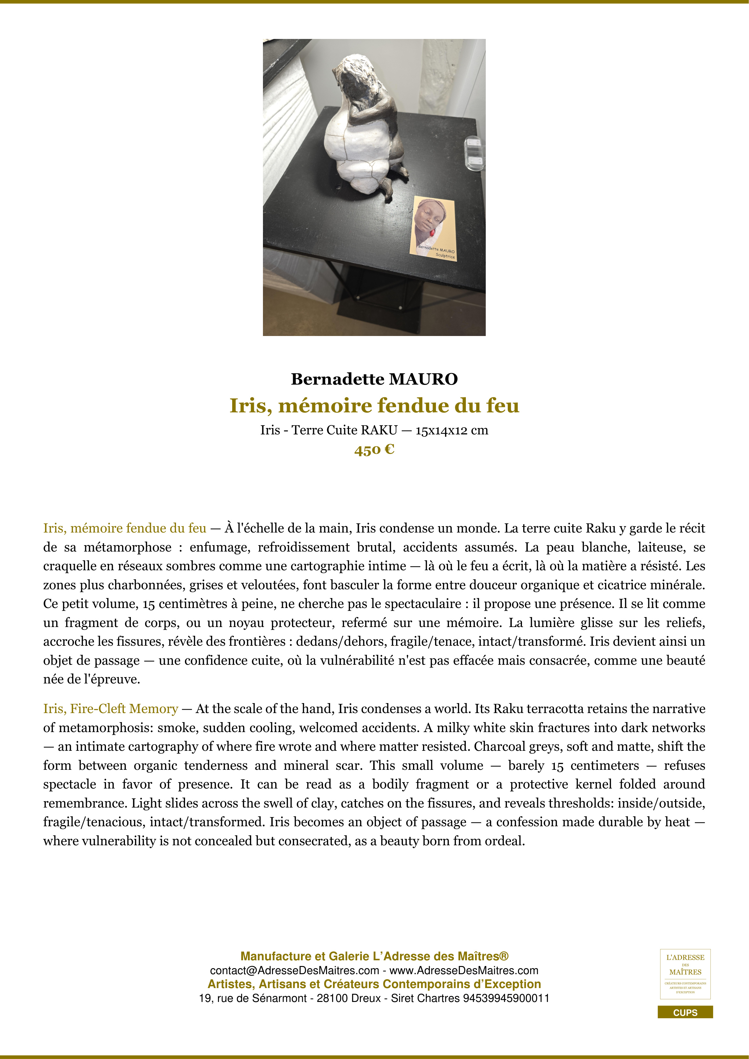 Fiche Premium — Iris, mémoire fendue du feu — Bernadette MAURO — L'Adresse des Maîtres®