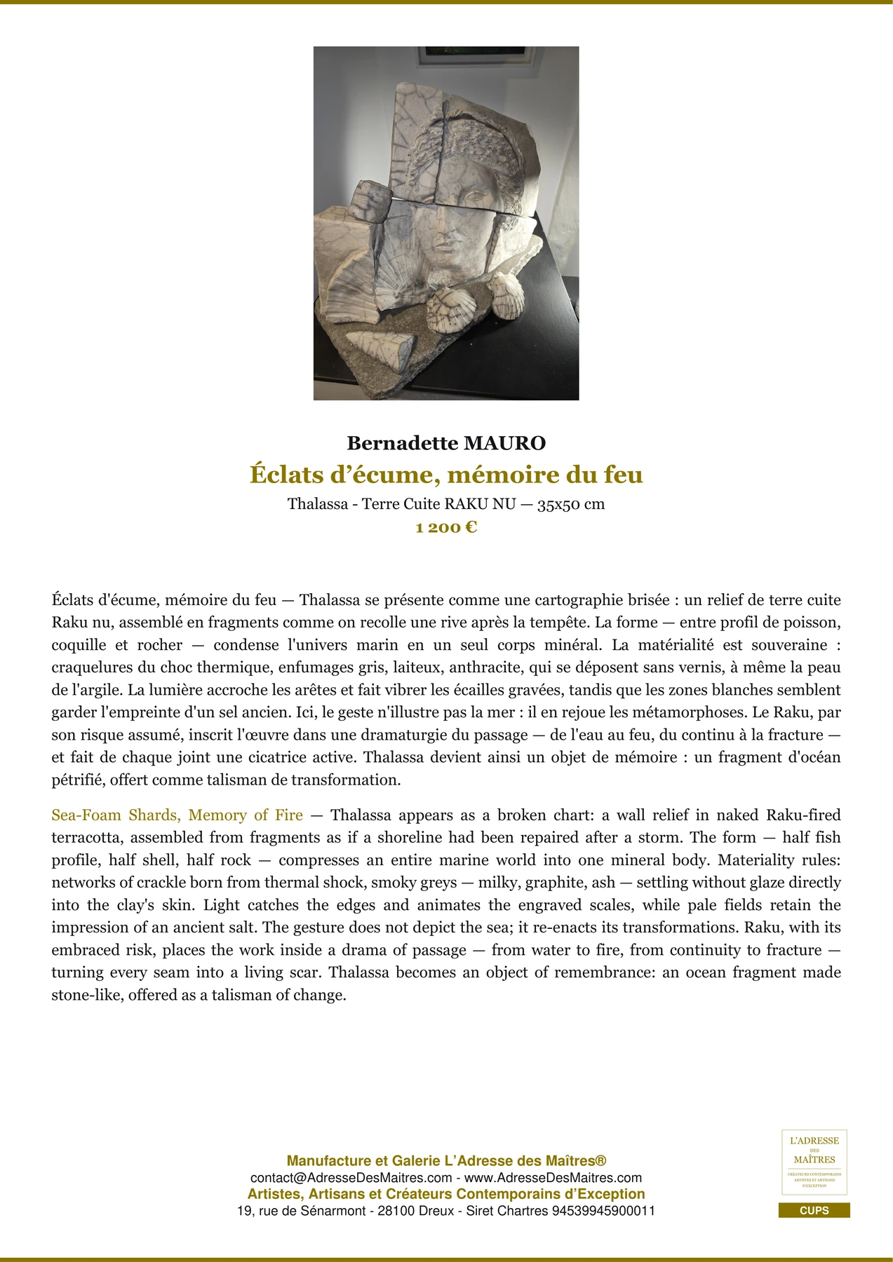 Fiche Premium - Éclats d’écume, mémoire du feu - Bernadette MAURO - L'Adresse des Maîtres®