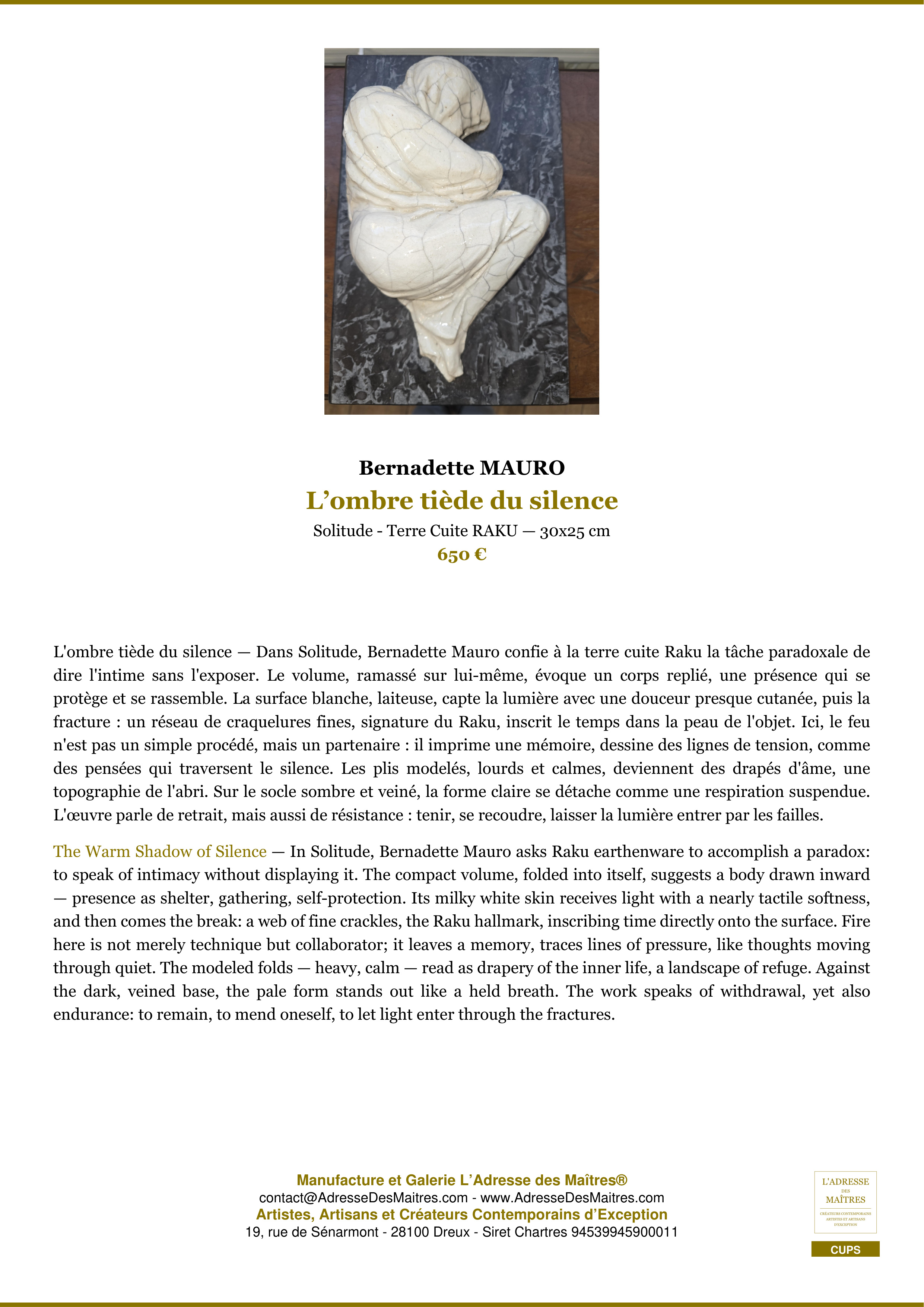 Fiche Premium — L’ombre tiède du silence — Bernadette MAURO — L'Adresse des Maîtres®