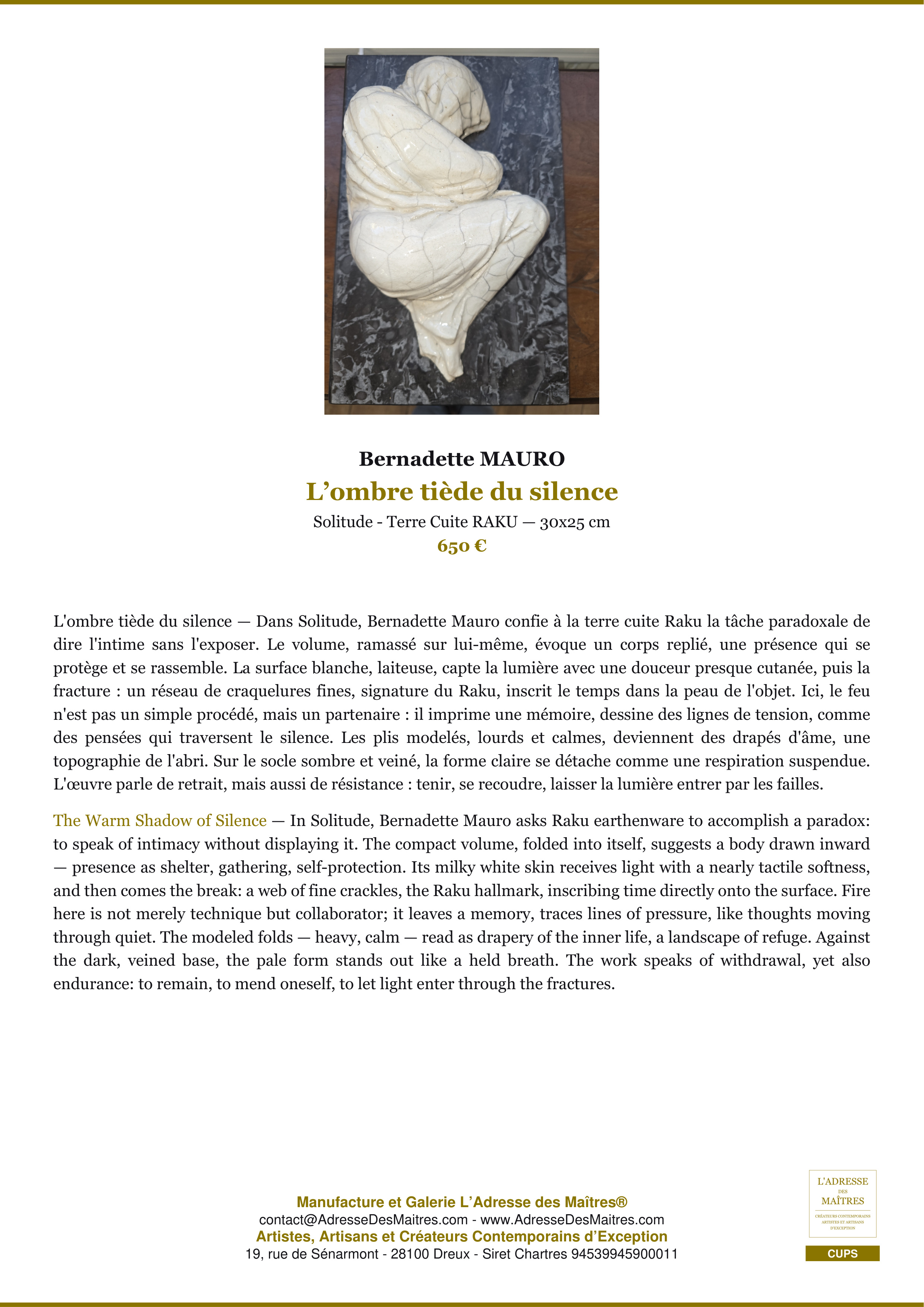 Fiche Premium — L’ombre tiède du silence — Bernadette MAURO — L'Adresse des Maîtres®