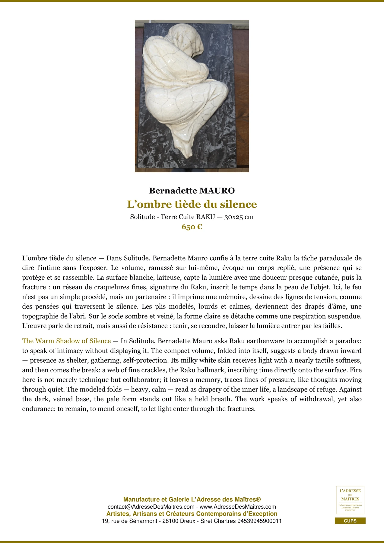 Fiche Premium - L’ombre tiède du silence - Bernadette MAURO - L'Adresse des Maîtres®
