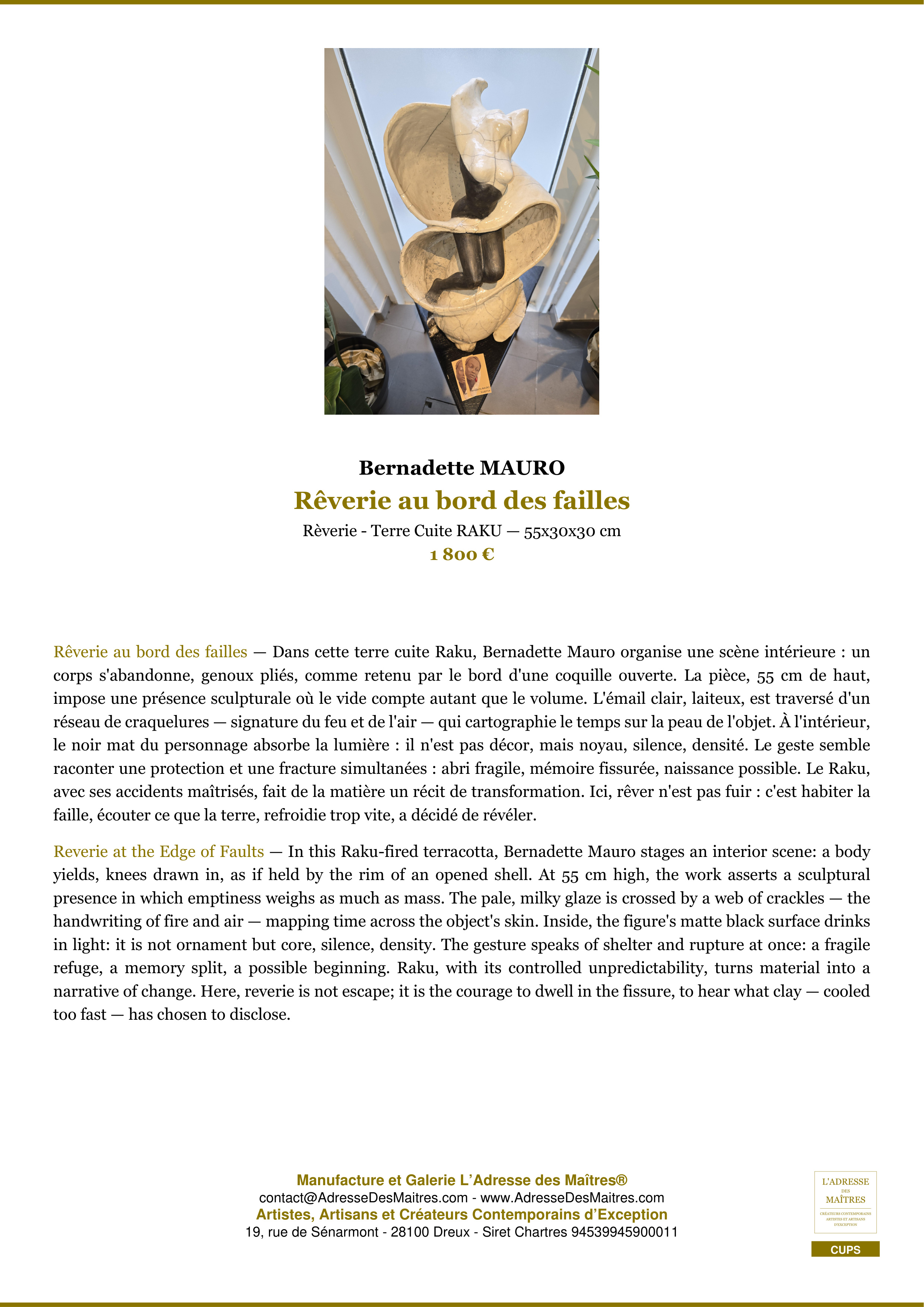 Fiche Premium — Rêverie au bord des failles — Bernadette MAURO — L'Adresse des Maîtres®